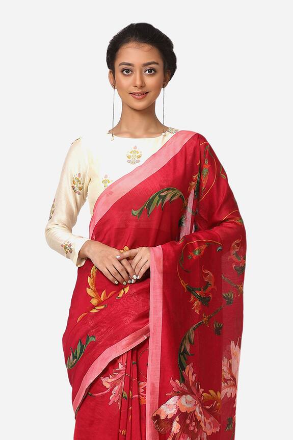 Yam India Pink Printed Silk Chanderi Saree 4