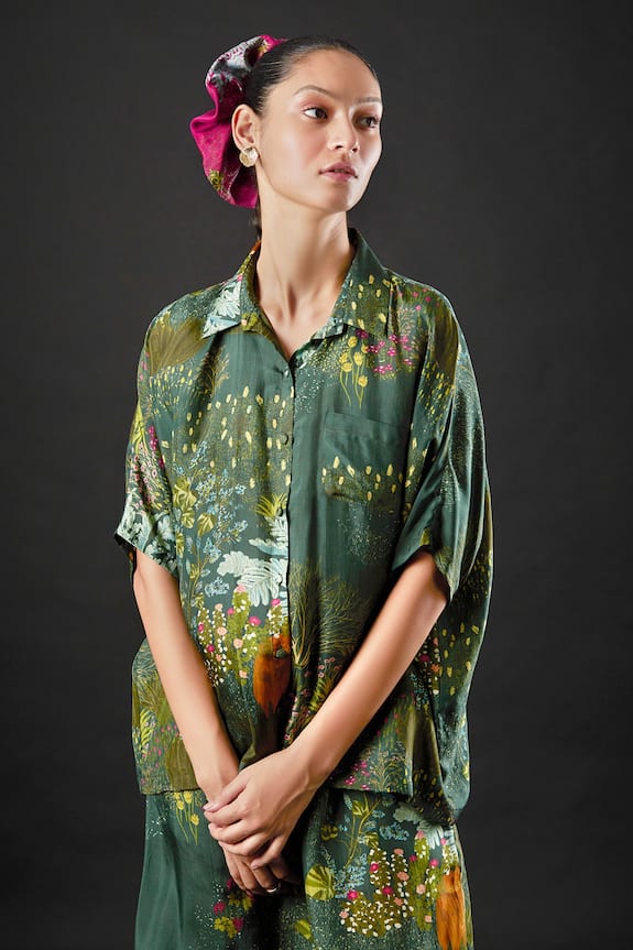 Buy Yavi Green Silk Aran Floral Print Shirt Online | Aza Fashions