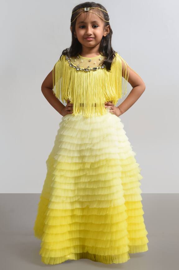 Lil Angels Yellow Embellished Cape Skirt Set For Girls 0