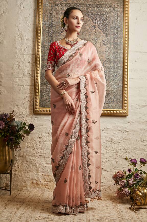 Prisho Peach Silk Saree With Embroidered Blouse 1