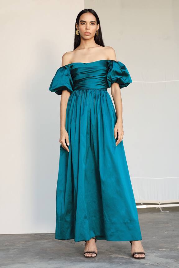 Buy Zwaan Blue Silk Chiffon Off Shoulder Gown Online | Aza Fashions