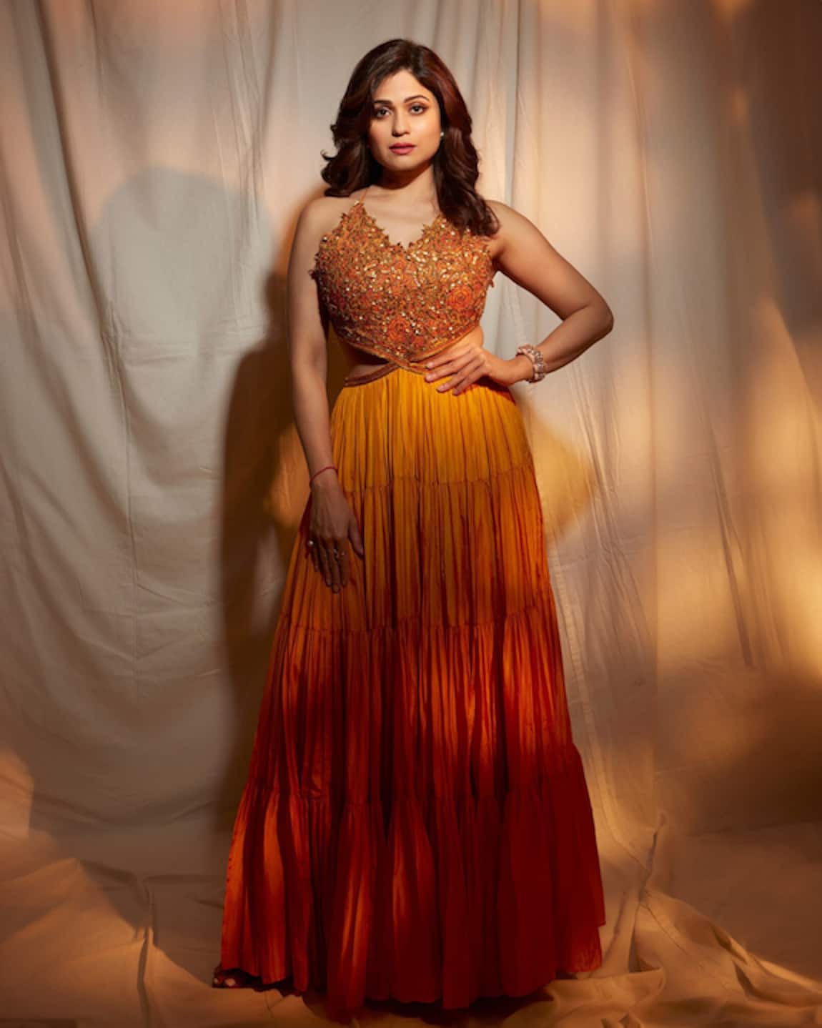 Heroine Highlight Collection Shimmer Orange Anarkali Dress