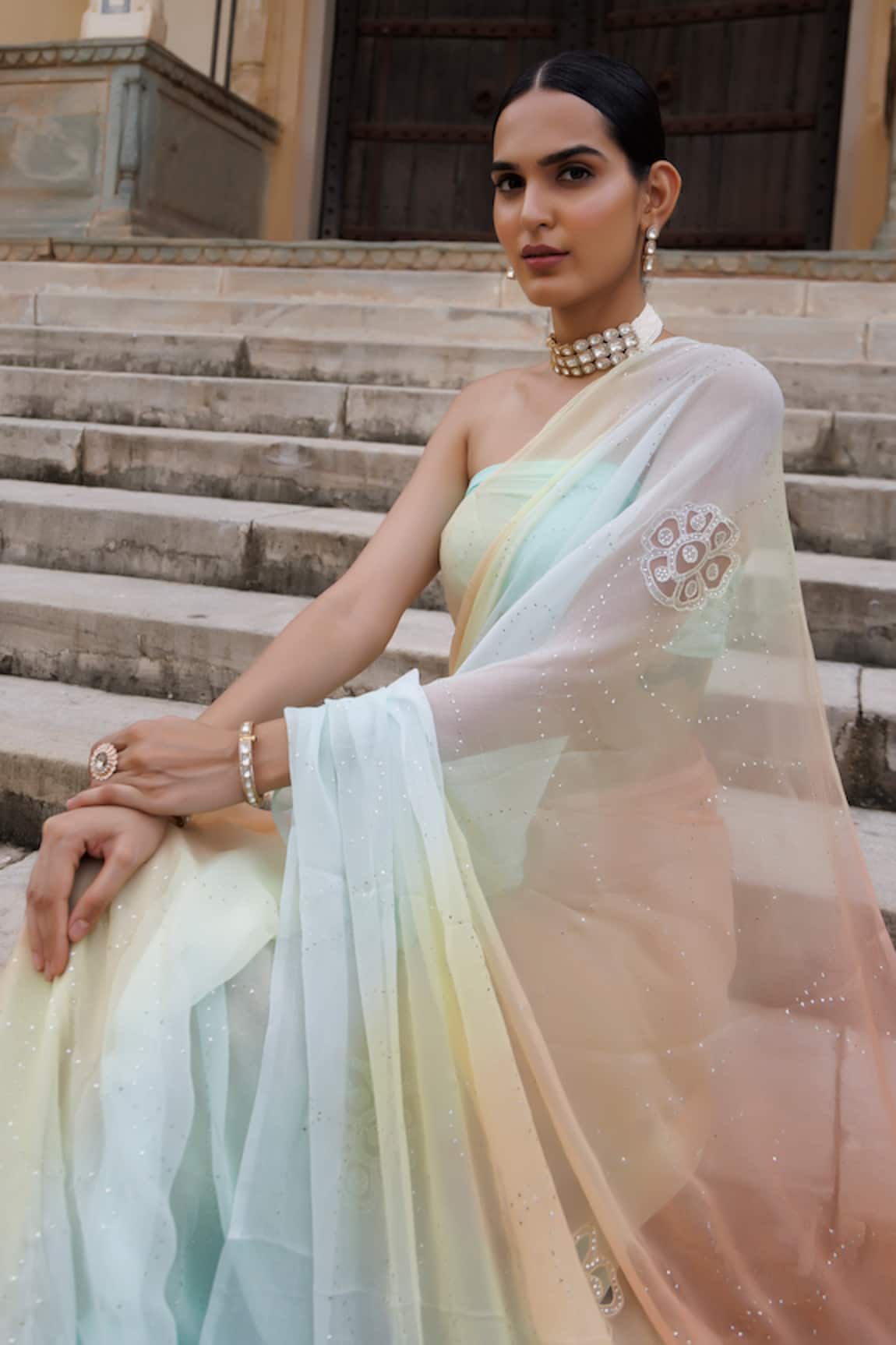 Isha and Shreya Zahra Embellished Saree With Blouse | Peach, Laser Cut,  Crepe, V Neck, Sleeveless | Blouses for women, Aza fashion, Saree