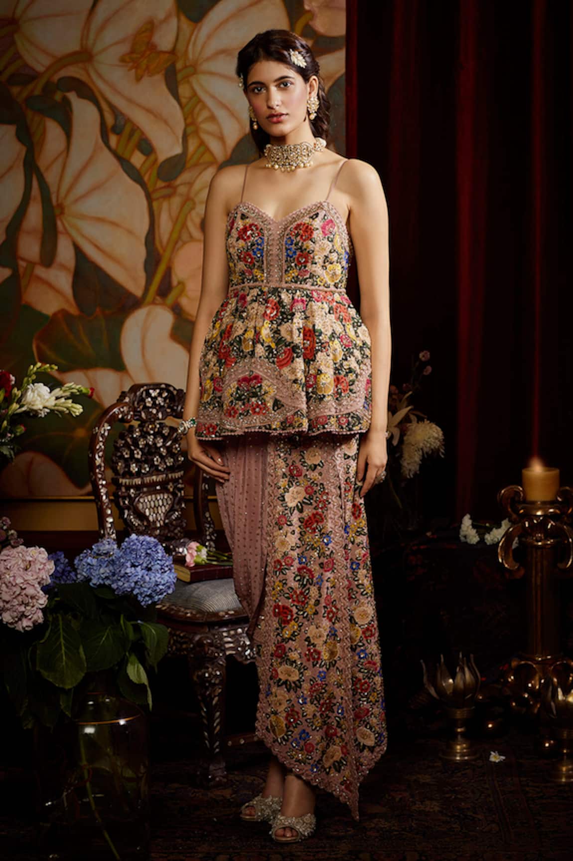 Sahil Kochhar Afsheen Peplum Floral Embroidered Top & Skirt Set