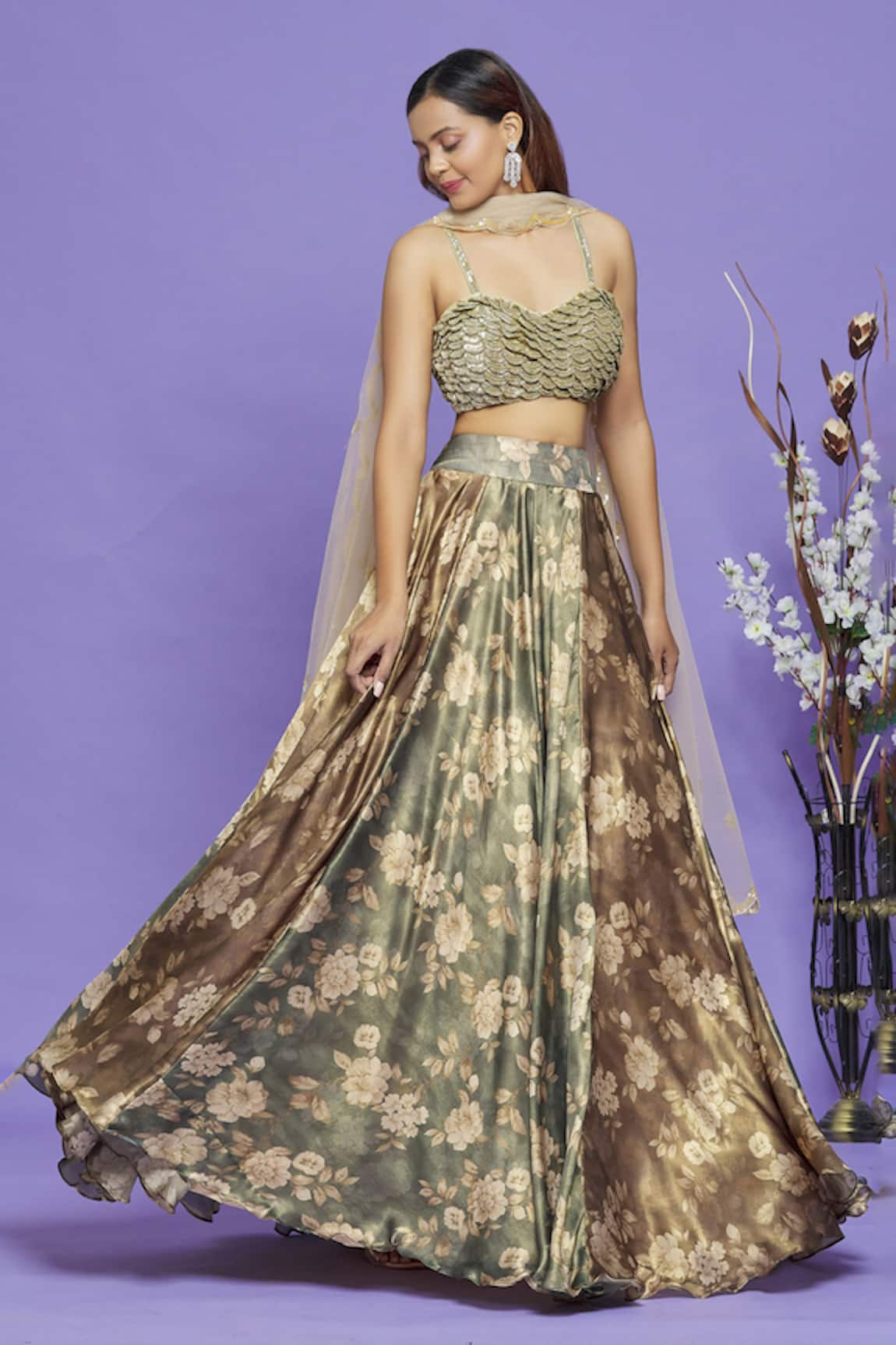 Neha Mehta Couture Strappy Blouse & Floral Print Lehenga