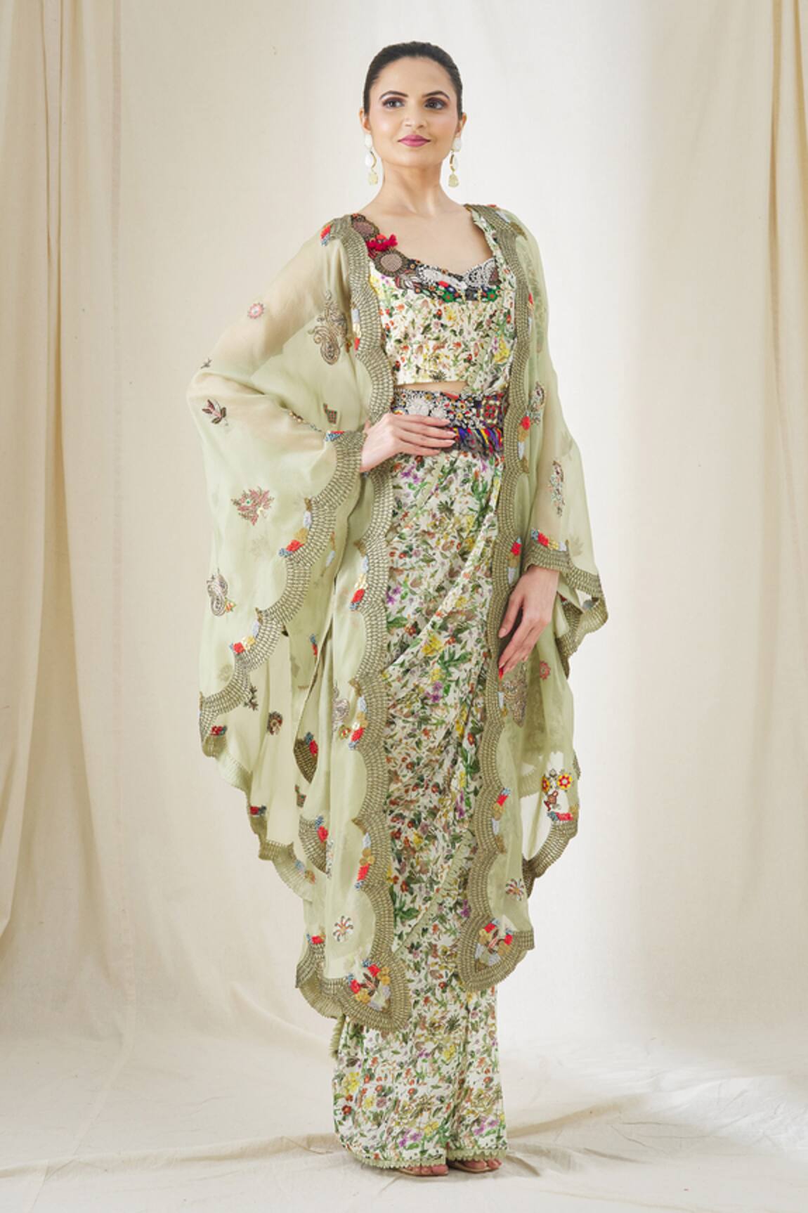 Anamika Khanna Scallop Cape & Printed Saree Set