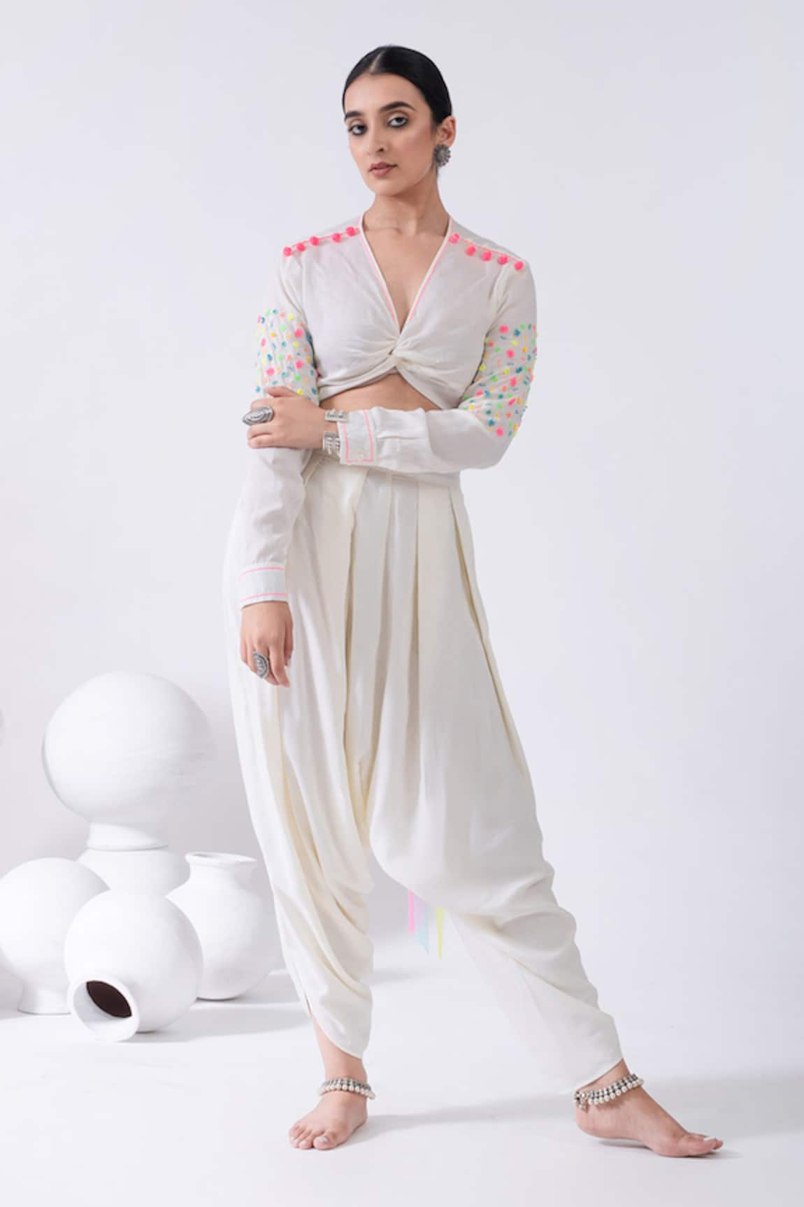 Kacha Tanka Contrast Thread Embroidered Crop Top & Drop Crotch Pant Set