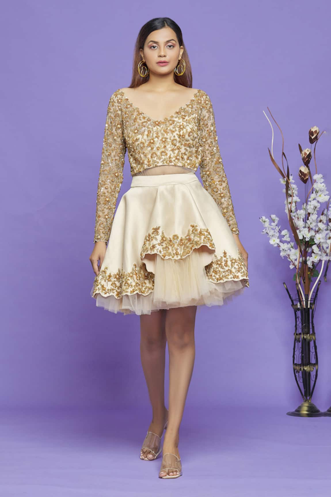 Neha Mehta Couture Embroidered Blouse & Short Lehenga Set