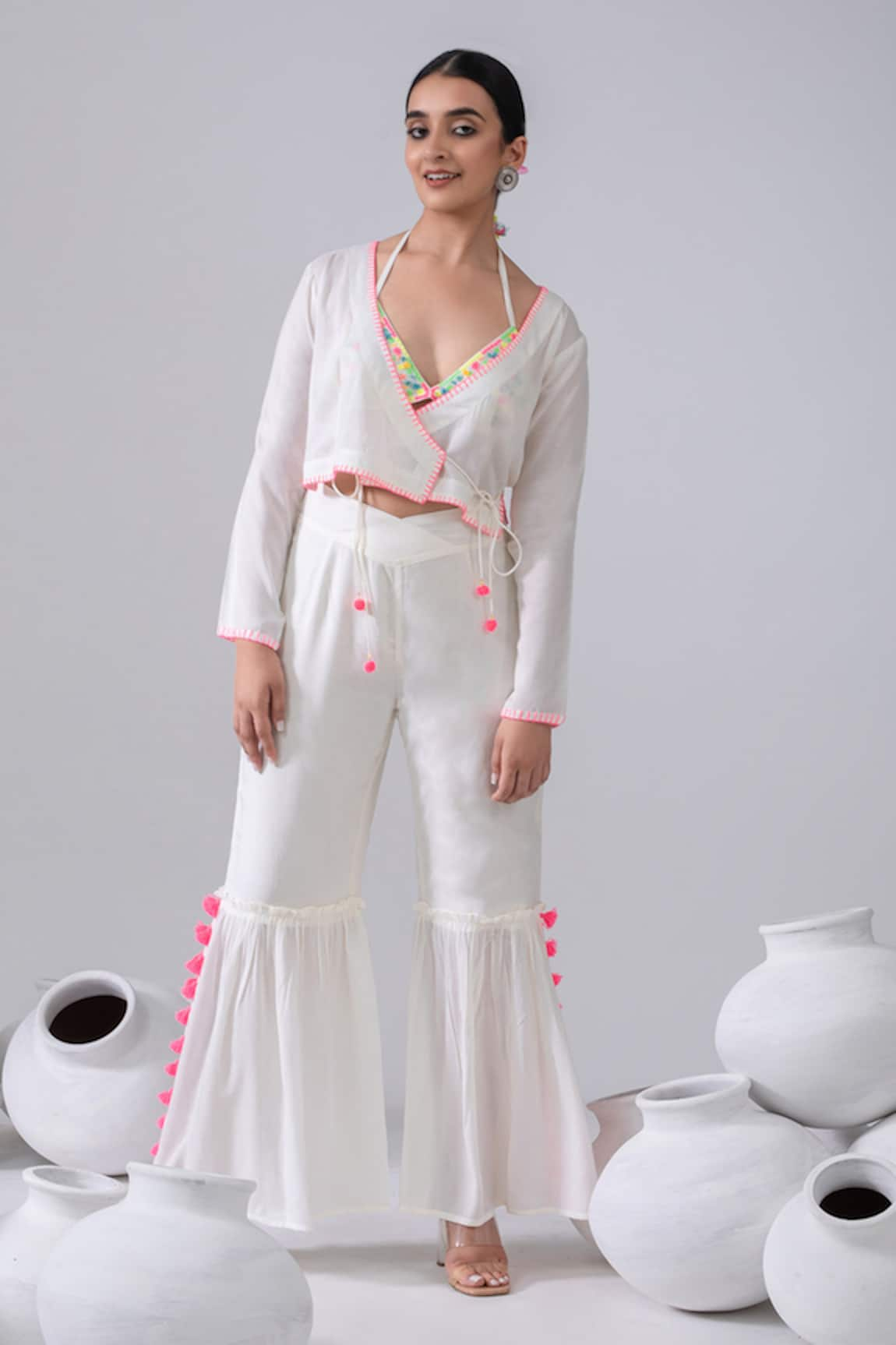 Kacha Tanka Thread Embroidered Short Jacket & Sharara Pant Set