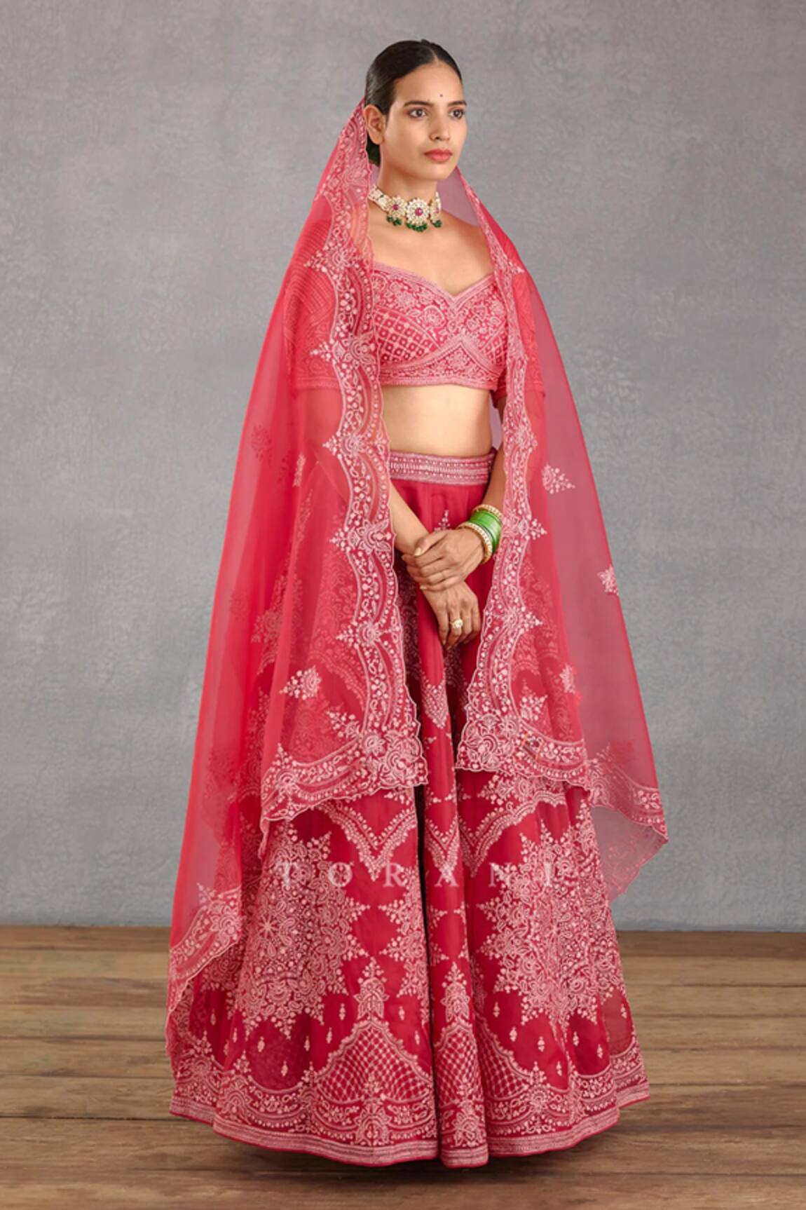 Torani Floral Embroidered Coral Pink Lehenga Set 