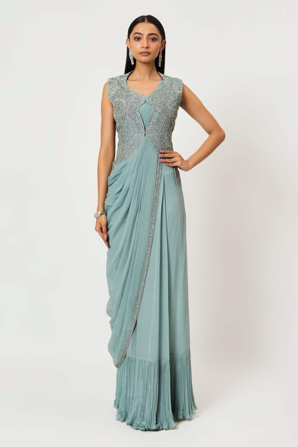 Rishi And Soujit Pre-Draped Saree With Embroidered Jacket