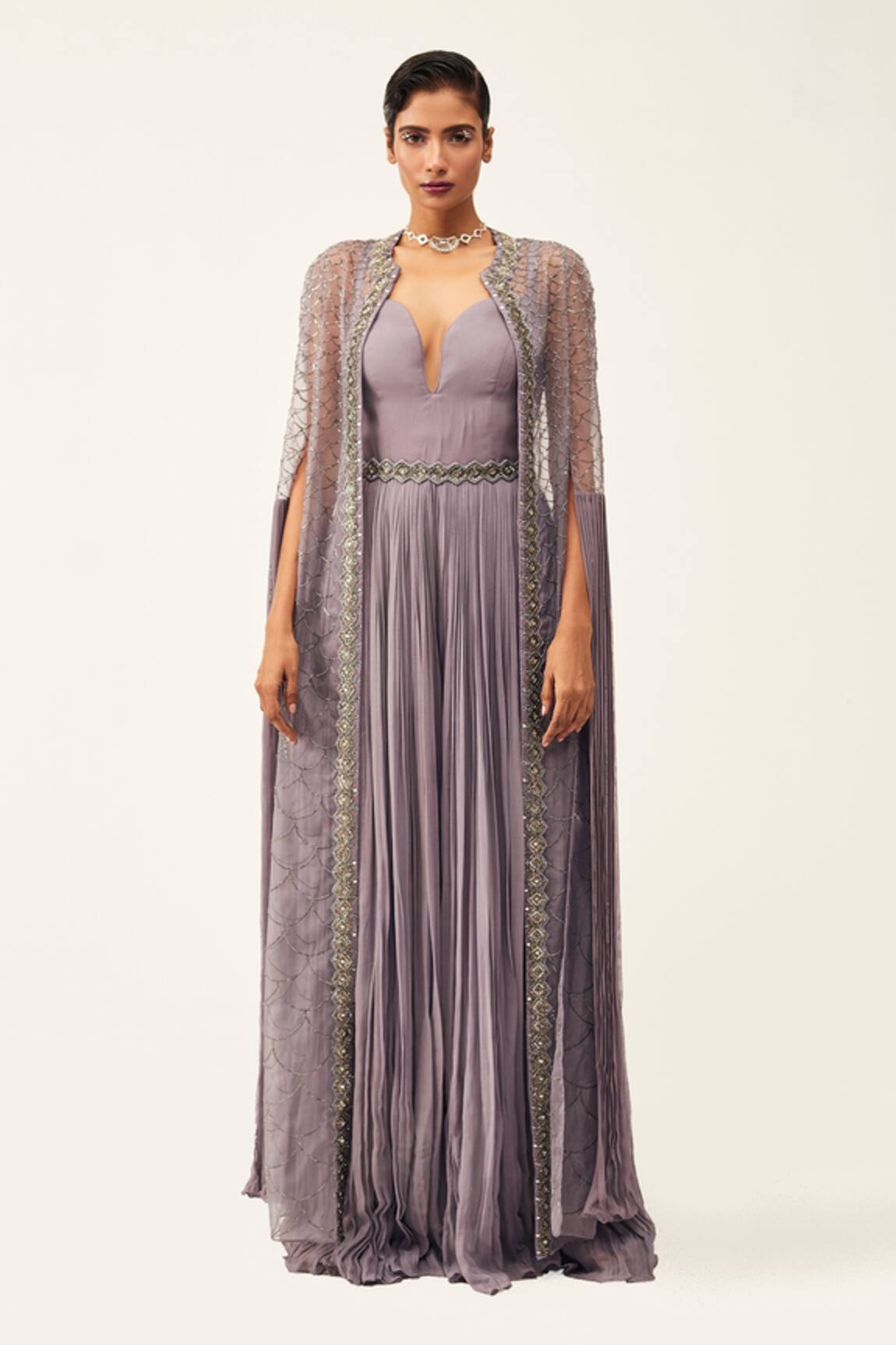 Rishi And Soujit Gathered Jumpsuit With Embellished Cape