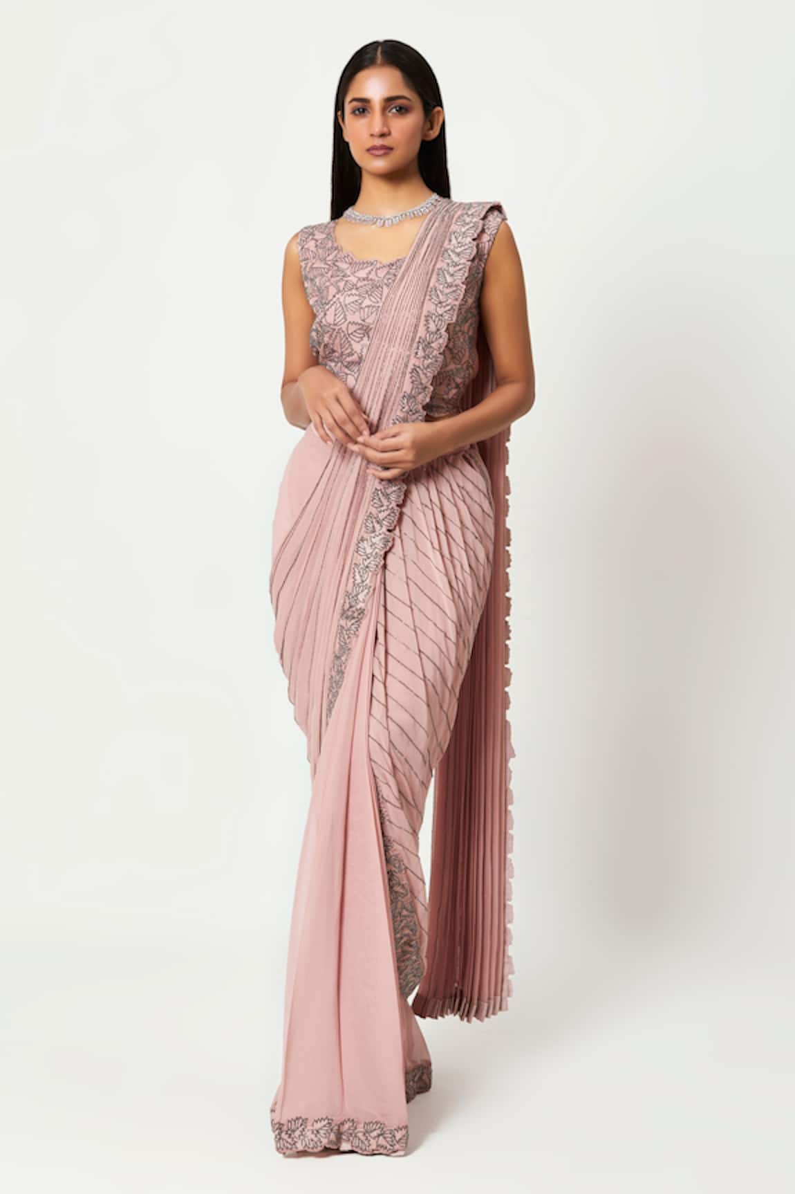 Rishi And Soujit Embroidered Pre-Stitched Saree With Blouse 