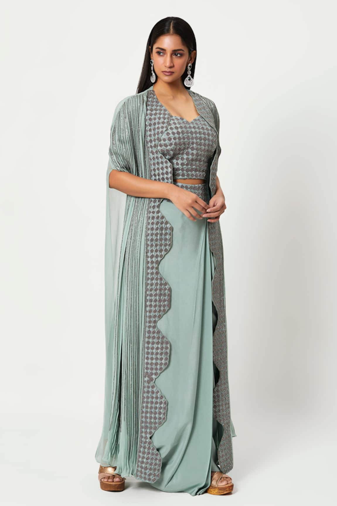 Rishi And Soujit Embroidered Cape & Draped Skirt Set 