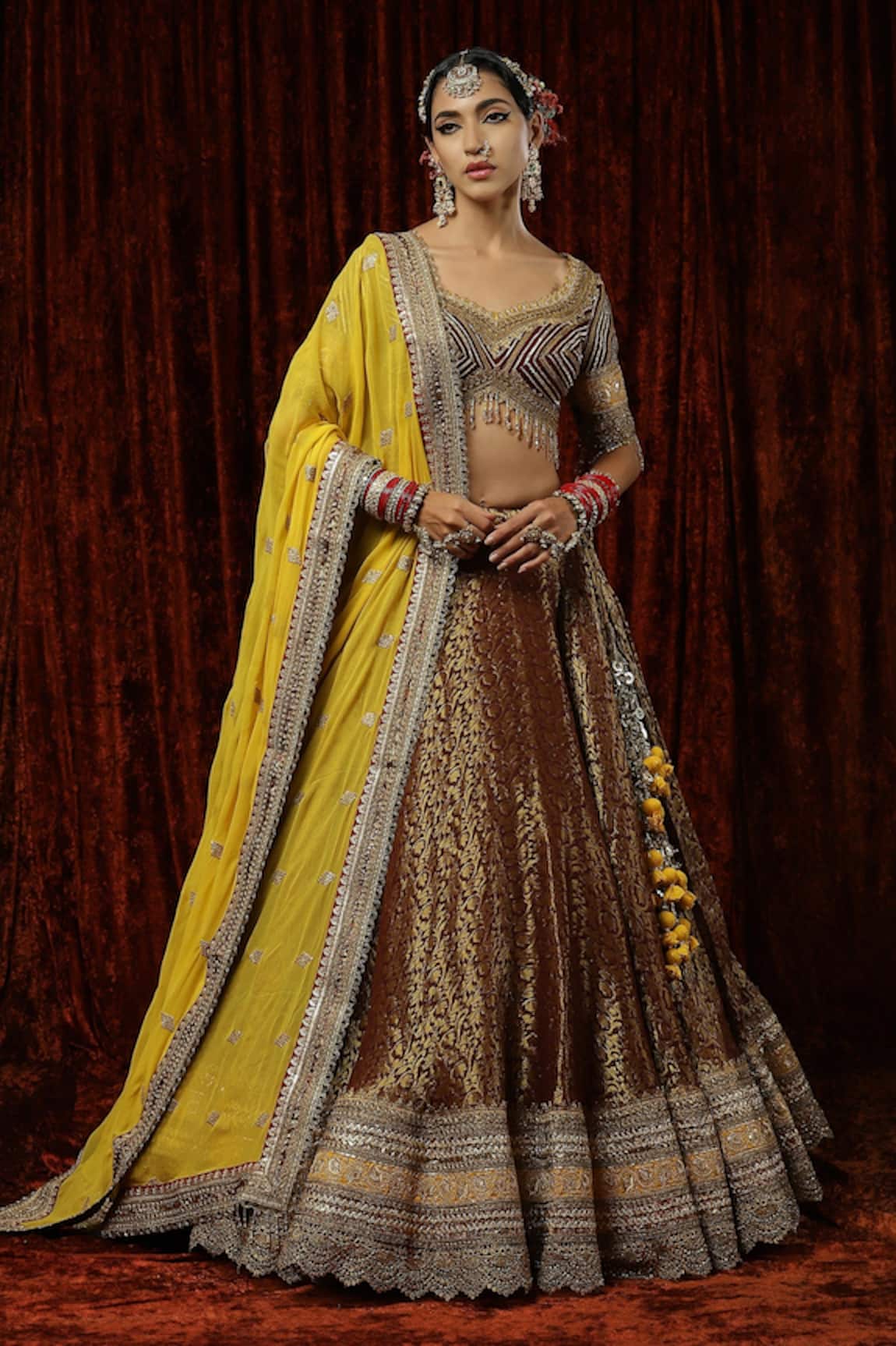 SHIKHAR SHARMA Brocade Floral Pattern Bridal Lehenga Set 