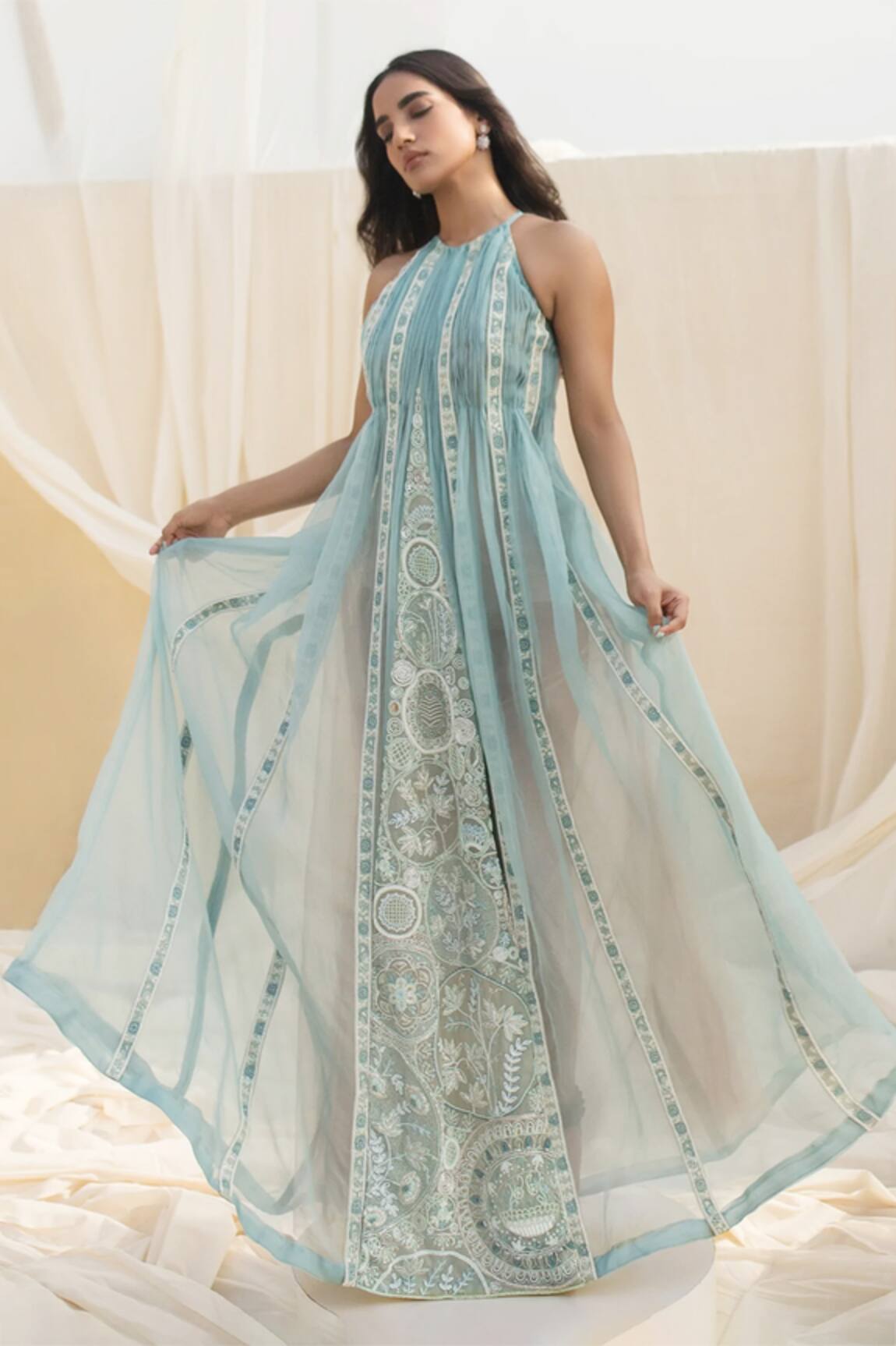 Megha Bansal Almora Embroidered Panelled Gown With Cape