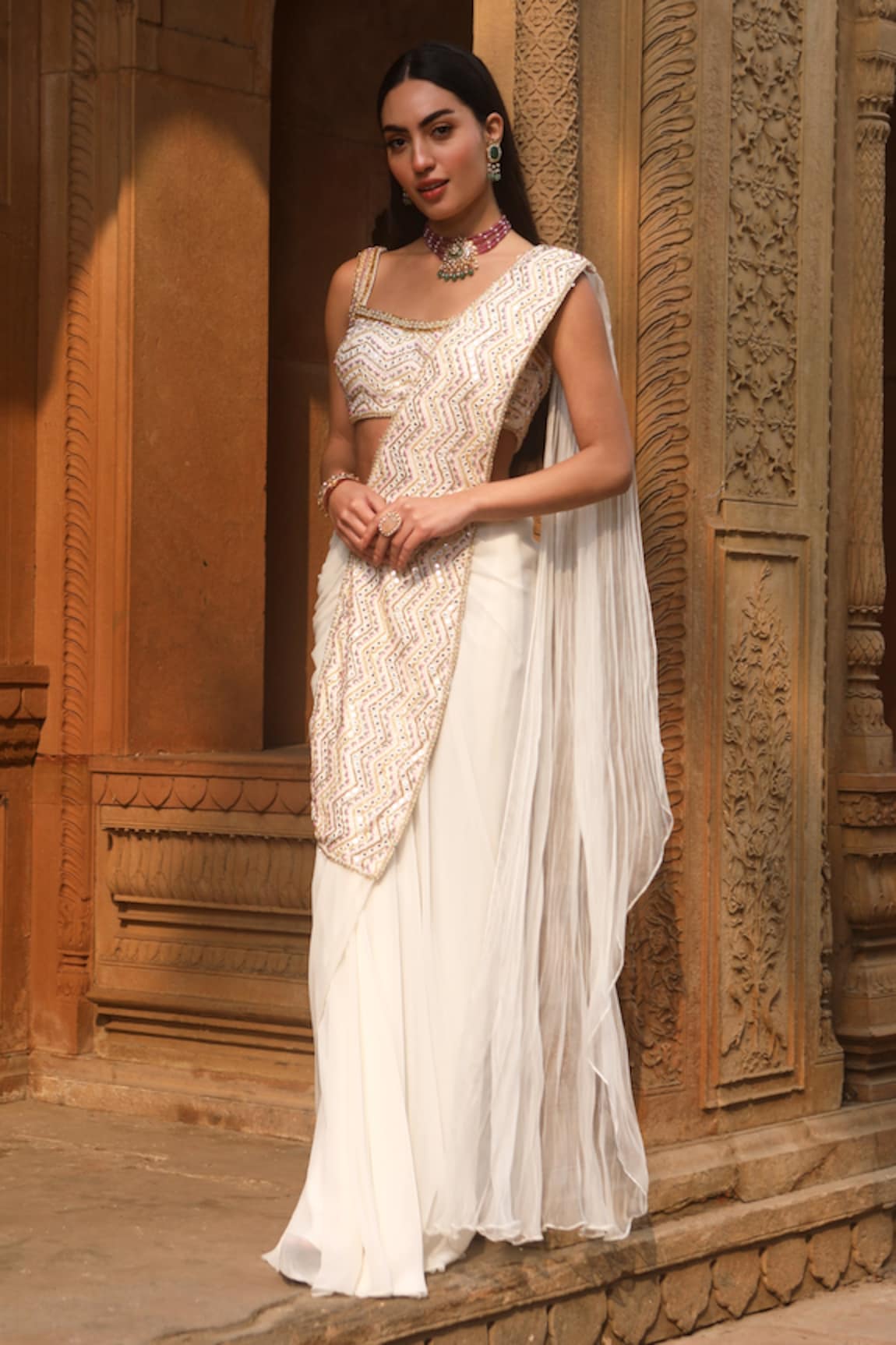 Dheeru Taneja Shezan Pre-Draped Saree With Blouse