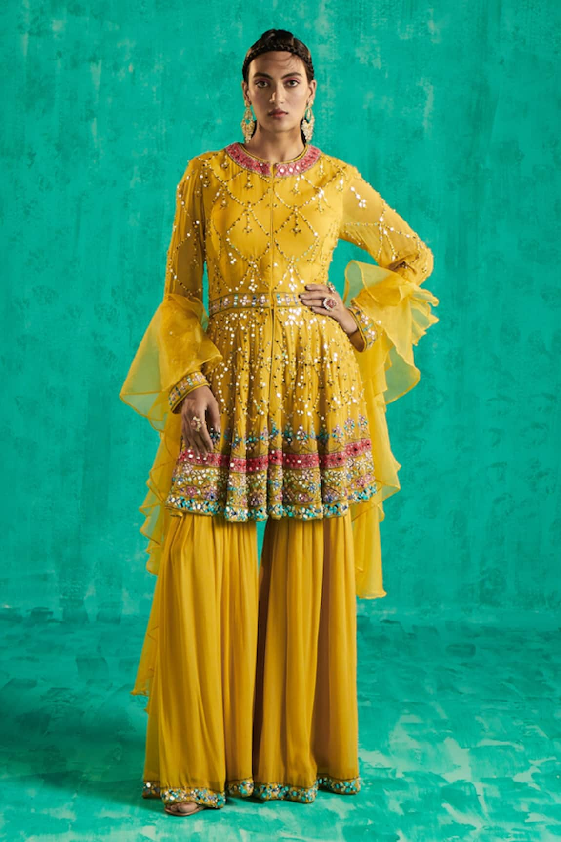 Shian Mirror Embroidered Peplum Kurta Sharara Set