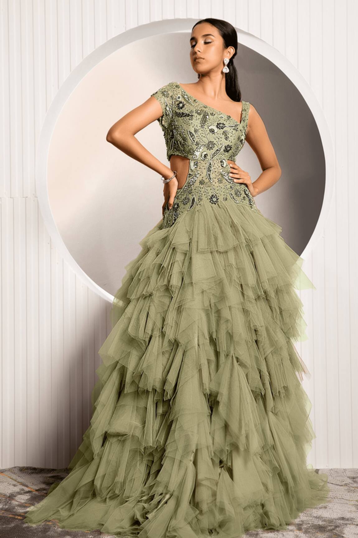 Jade By Ashima Floral Embroidered Ruffle Gown