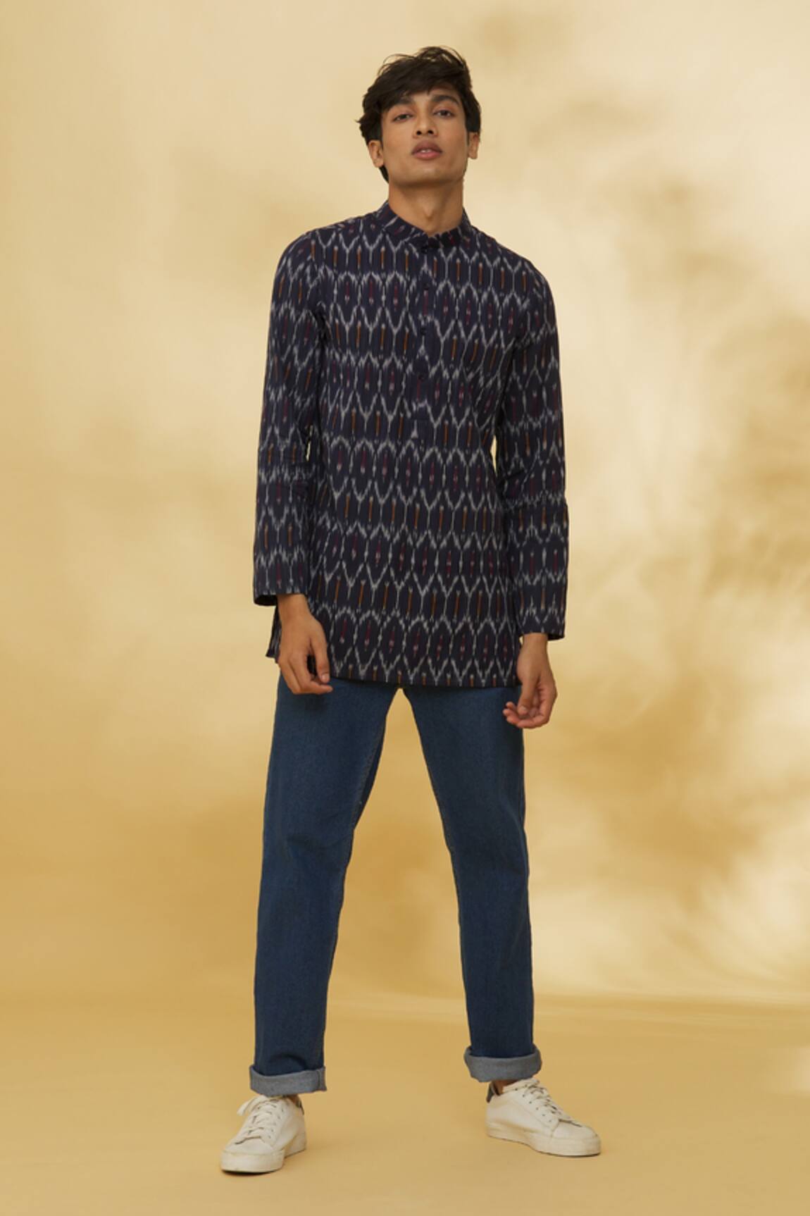 The Men's Kompany Ikat Print Short Cotton Kurta