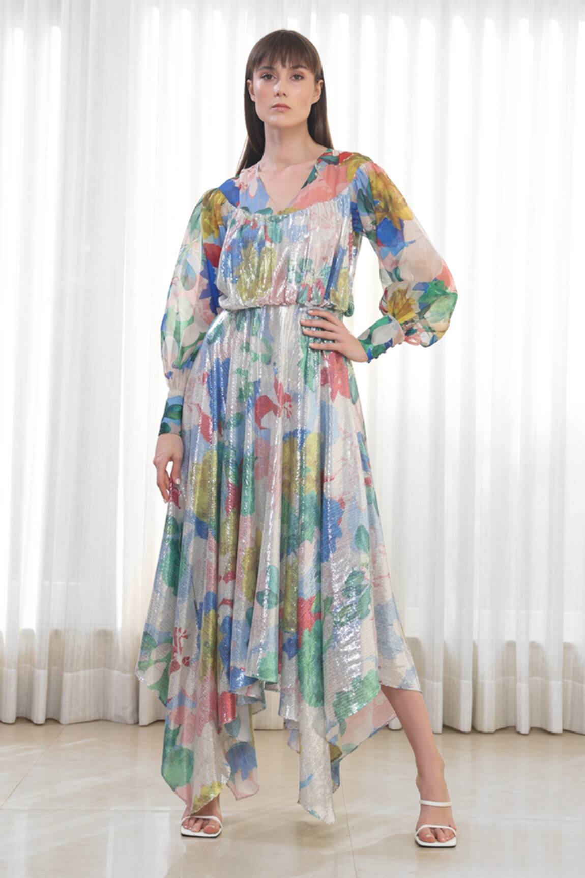 Mandira Wirk Resort Hibiscus Print High Low Dress 