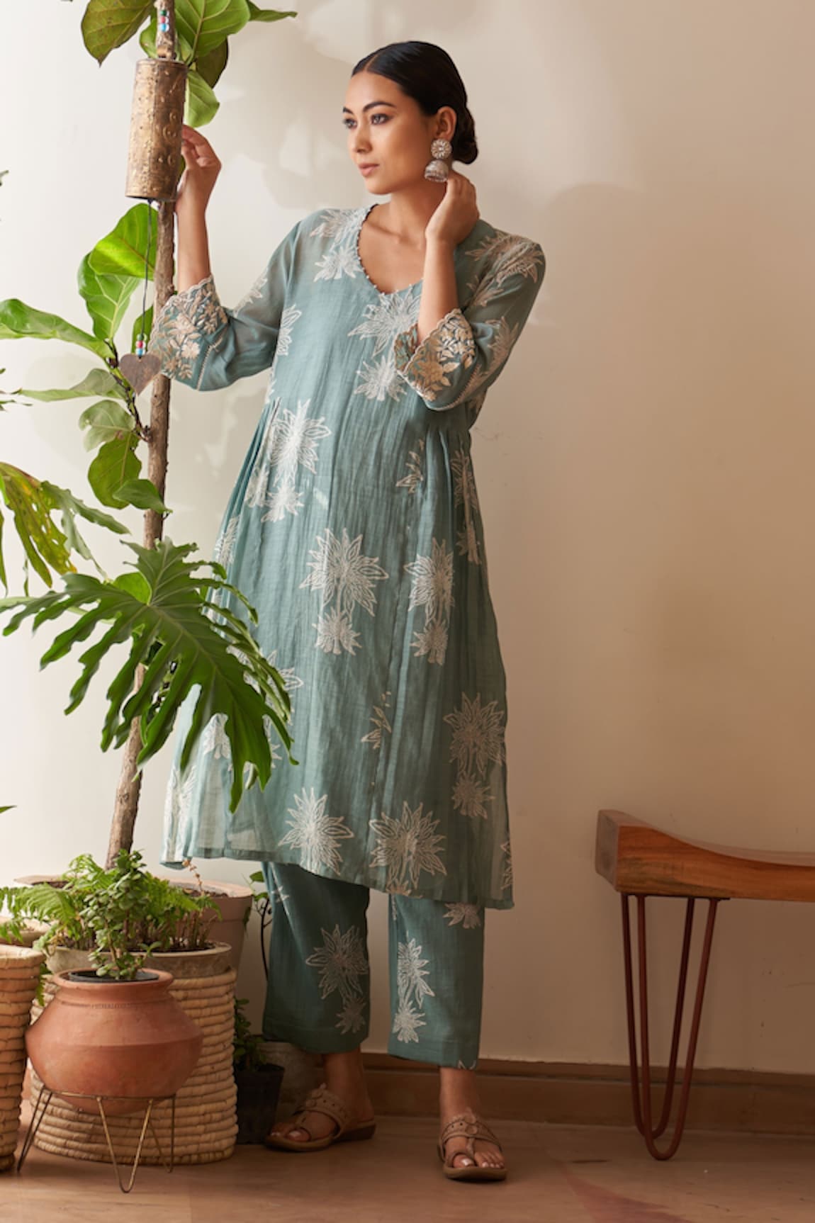 Rekha Agra Handloom Chanderi A-Line Kurta & Pant Set