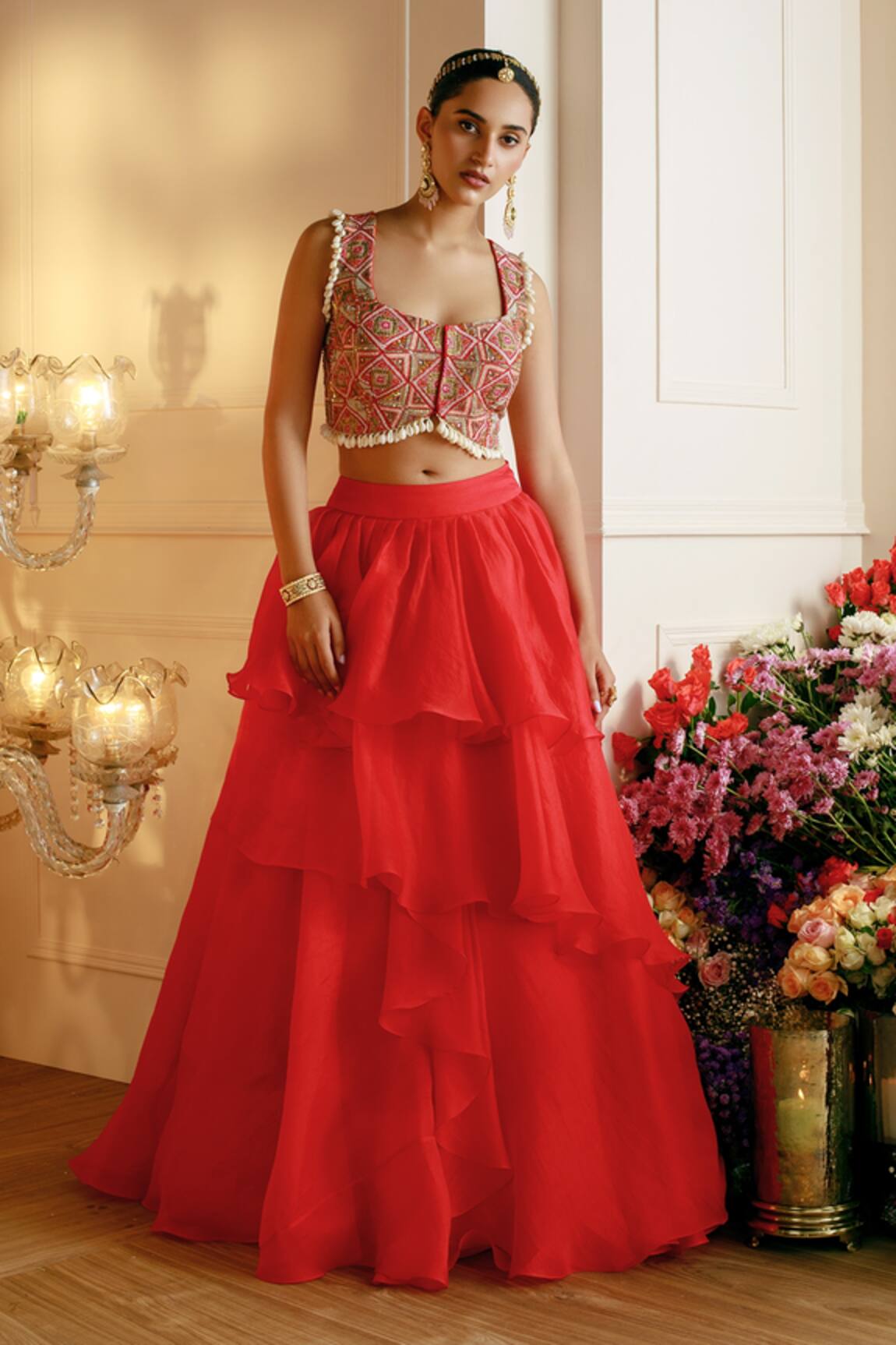 Nehha Nhata Layered Lehenga With Hand Embroidered Blouse