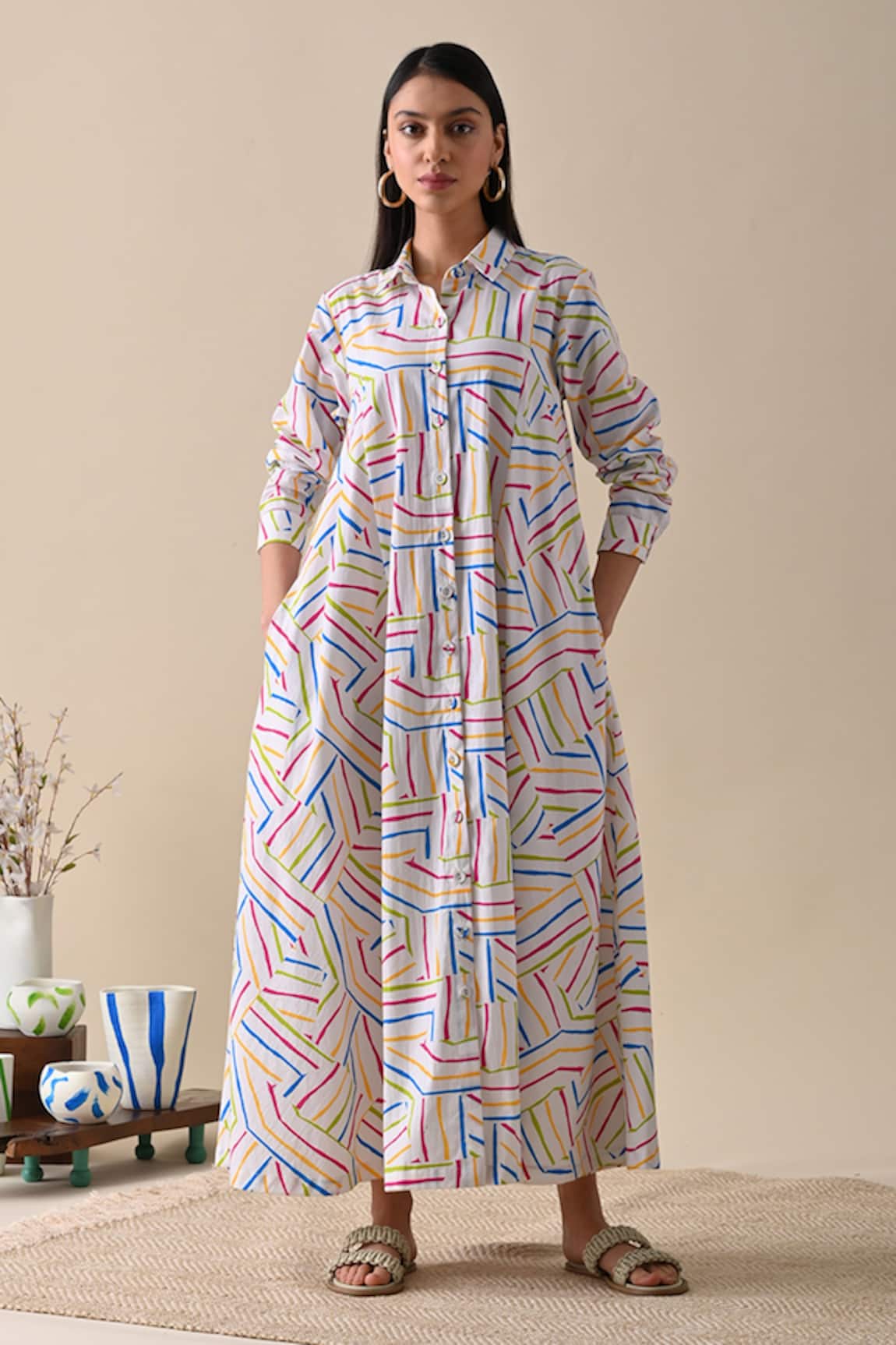 Kanelle Lillian Striped Print Maxi Shirt Dress