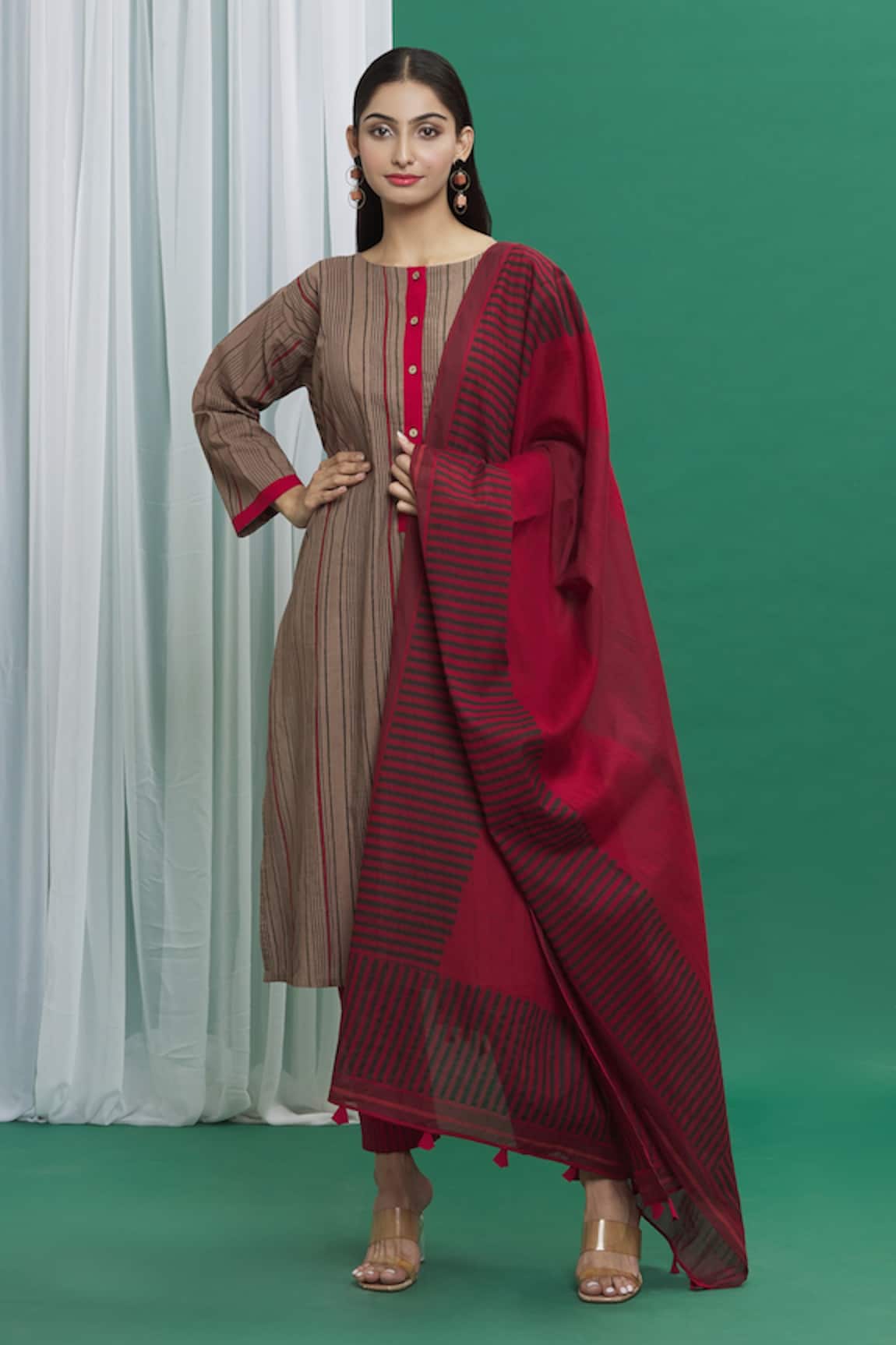 Banana Labs Brown Stripe Printed Kurta Set 