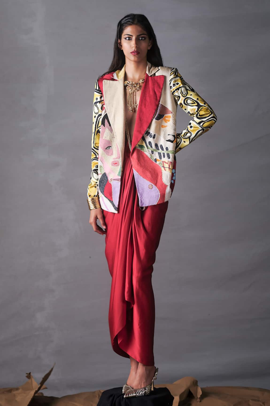 AK-OK Satin Graphic Print Blazer