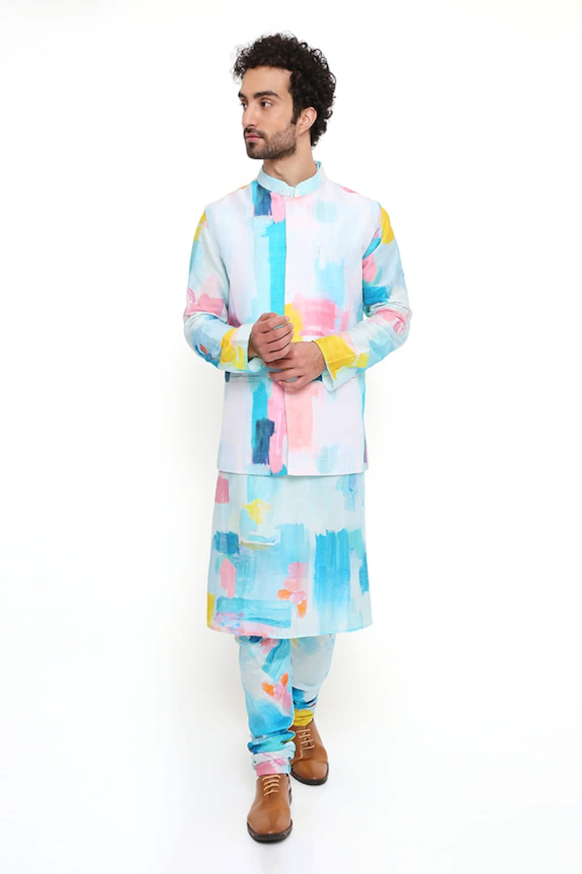 PS Men by Payal Singhal Painterly Print Bundi & Kurta Set 