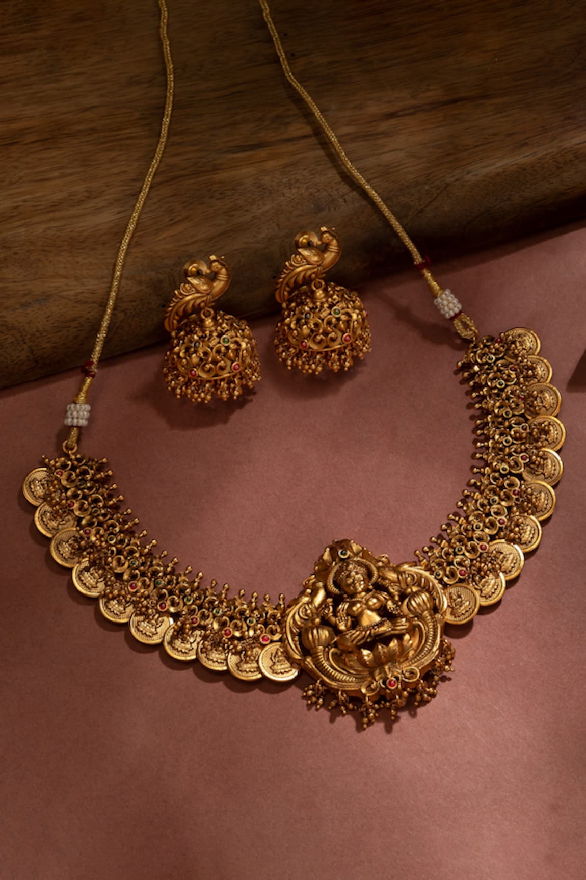 Zevar by Geeta Carved Temple Necklace Set