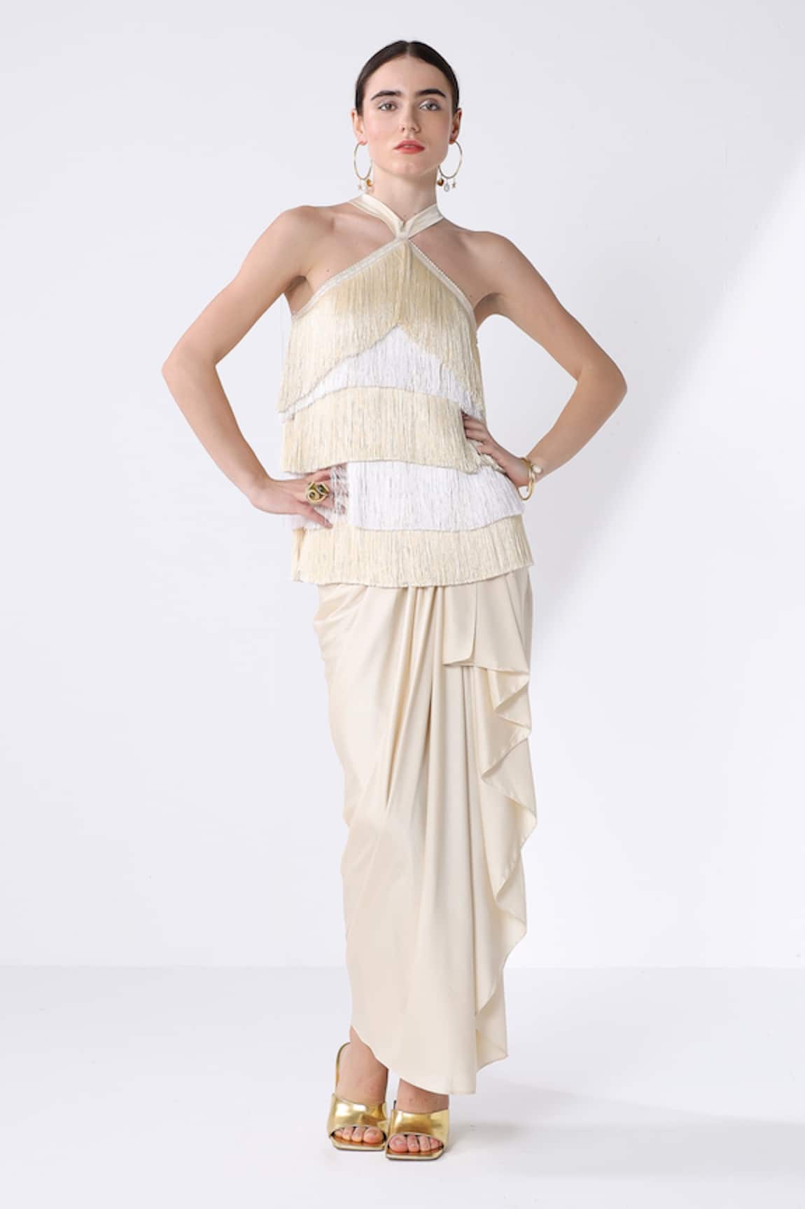 Ashico Ombre Fringed Top & Draped Skirt Set