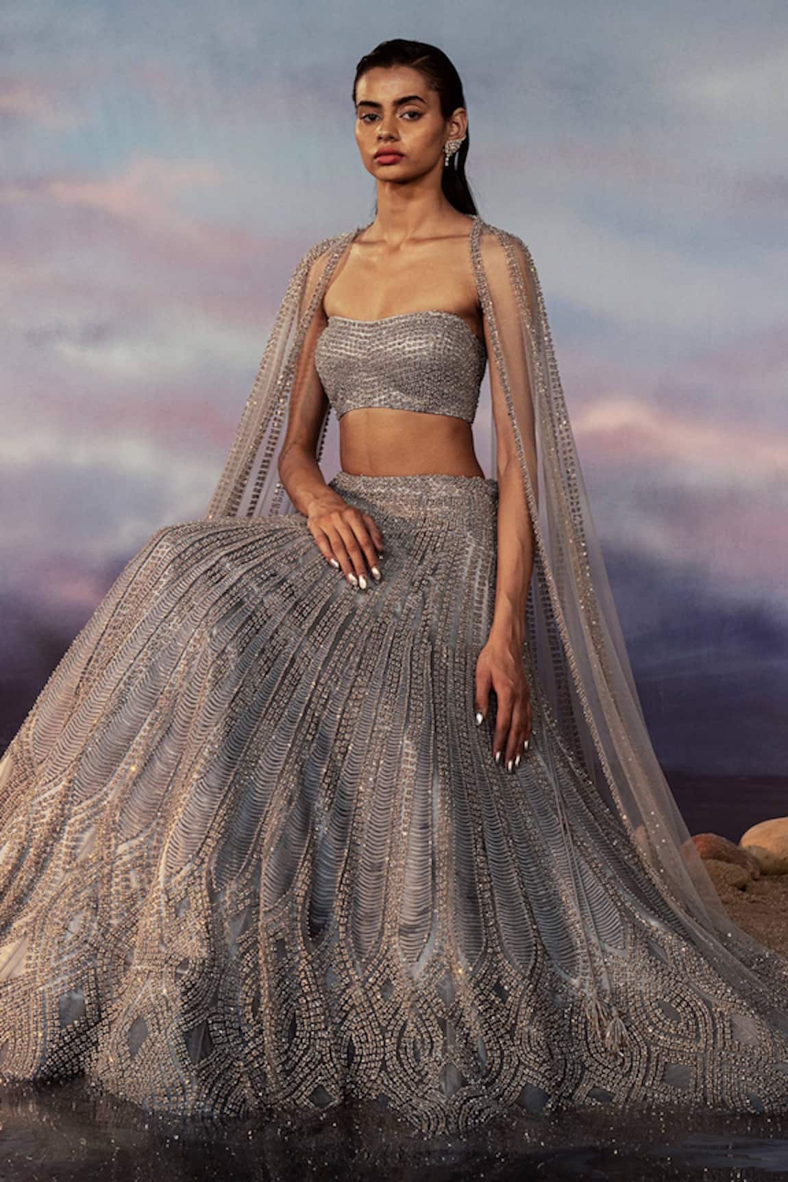 Rohit Gandhi + Rahul Khanna Azurite Crystal Embroidered Lehenga Set