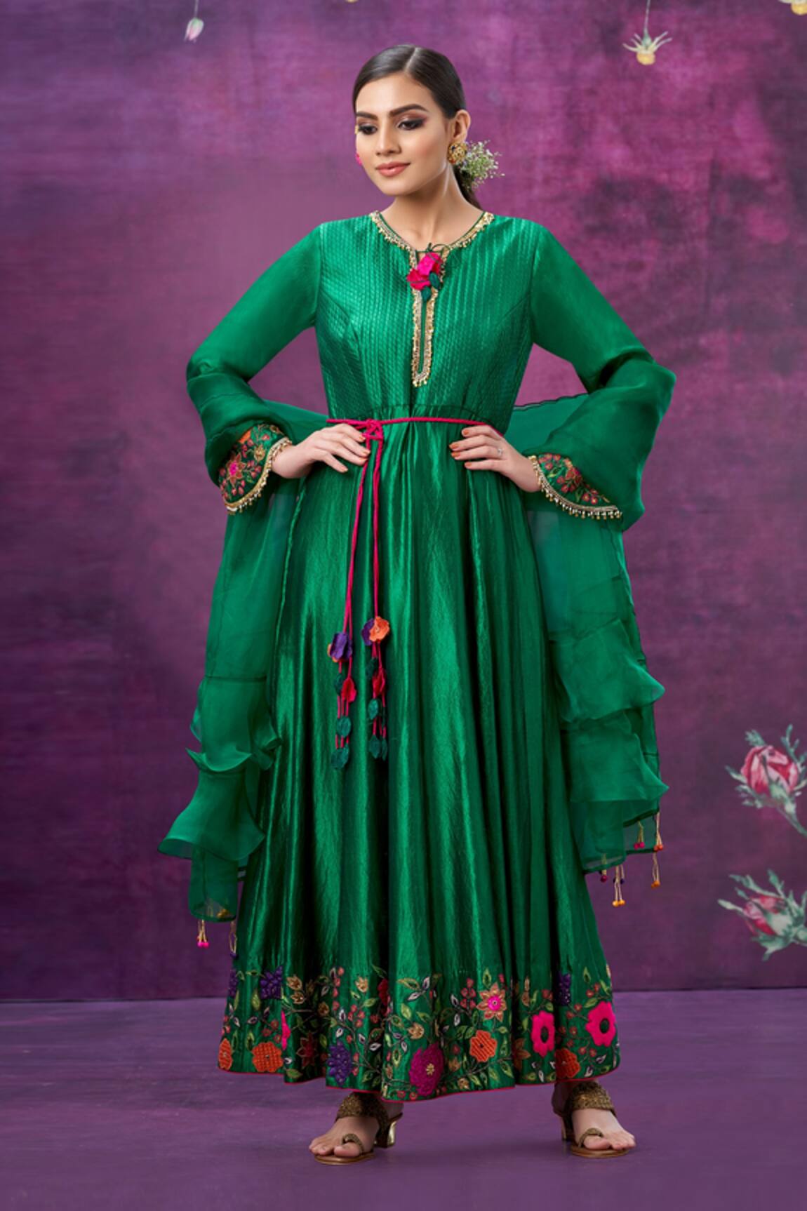 Label Niti Bothra Floral Applique Anarkali With Dupatta 