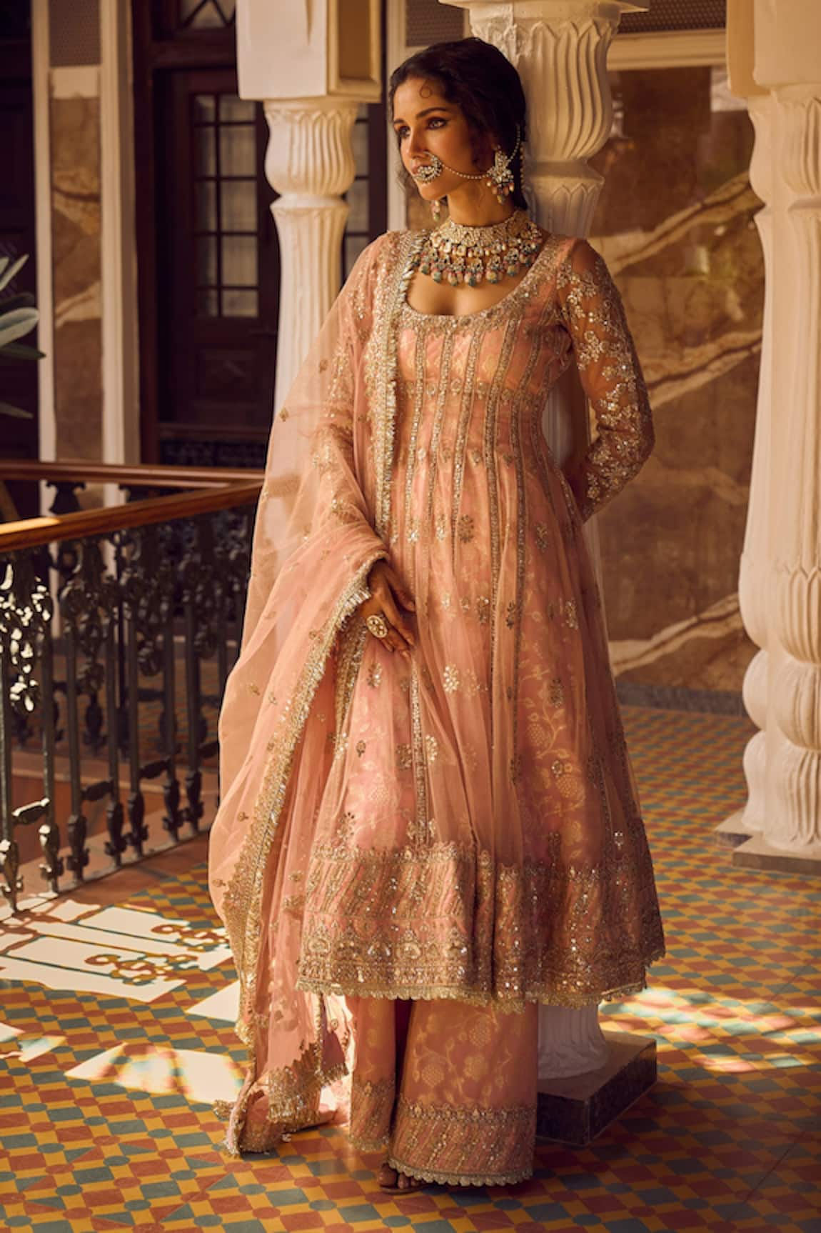 LASHKARAA Sequin Embroidered Panelled Anarkali Palazzo Set