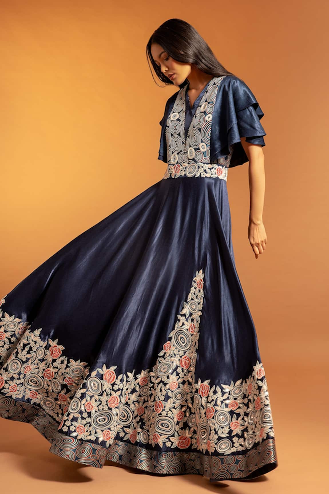 Sejal Kamdar Floral Embroidered Ruffle Sleeve Gown 