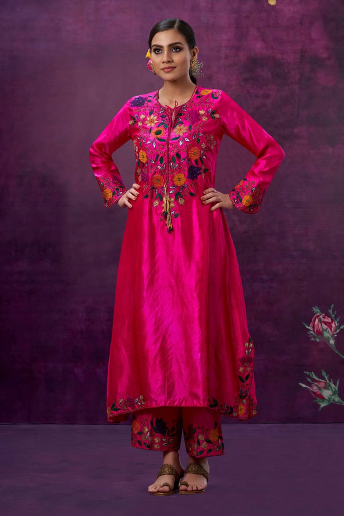 Label Niti Bothra Kora Silk Applique Kurta And Palazzo Set