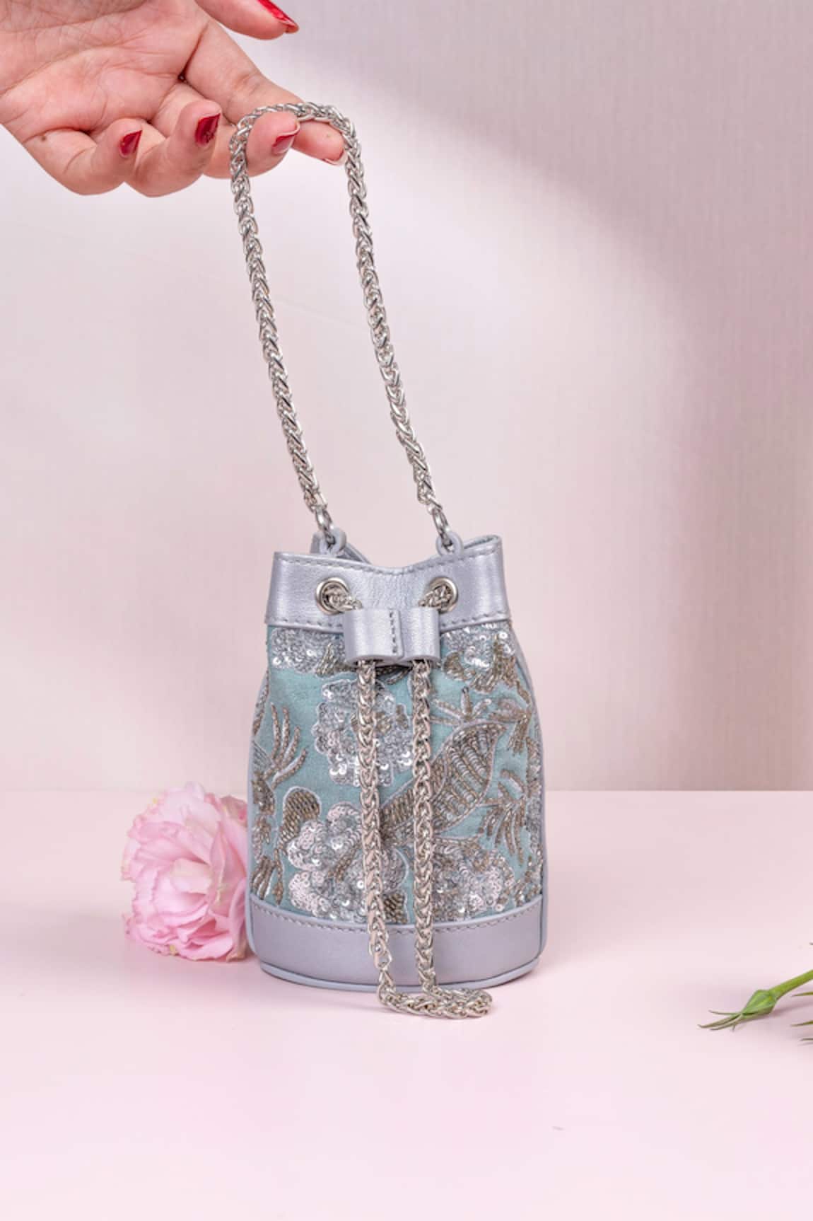 The Leather Garden Leather Embroidered Mini Bucket Bag