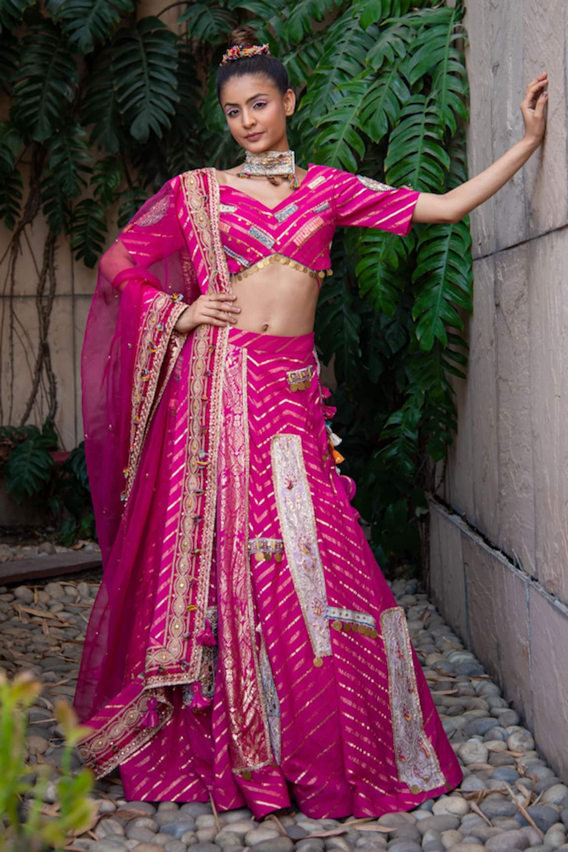 Soniya G Lurex Striped Pattern & Embroidered Lehenga Set