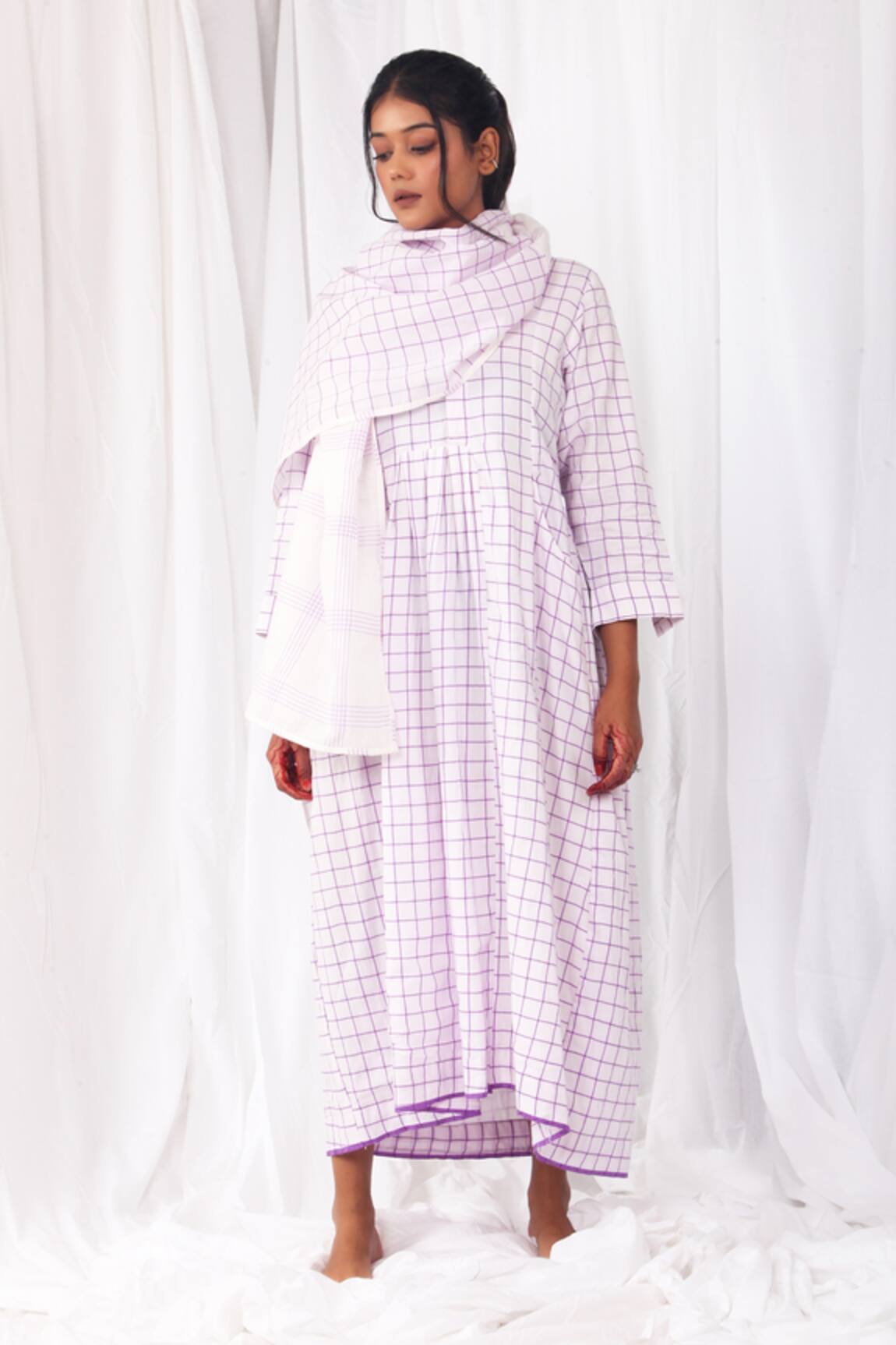Khat Handwoven Cotton Checkered Pattern Dress With Scarf