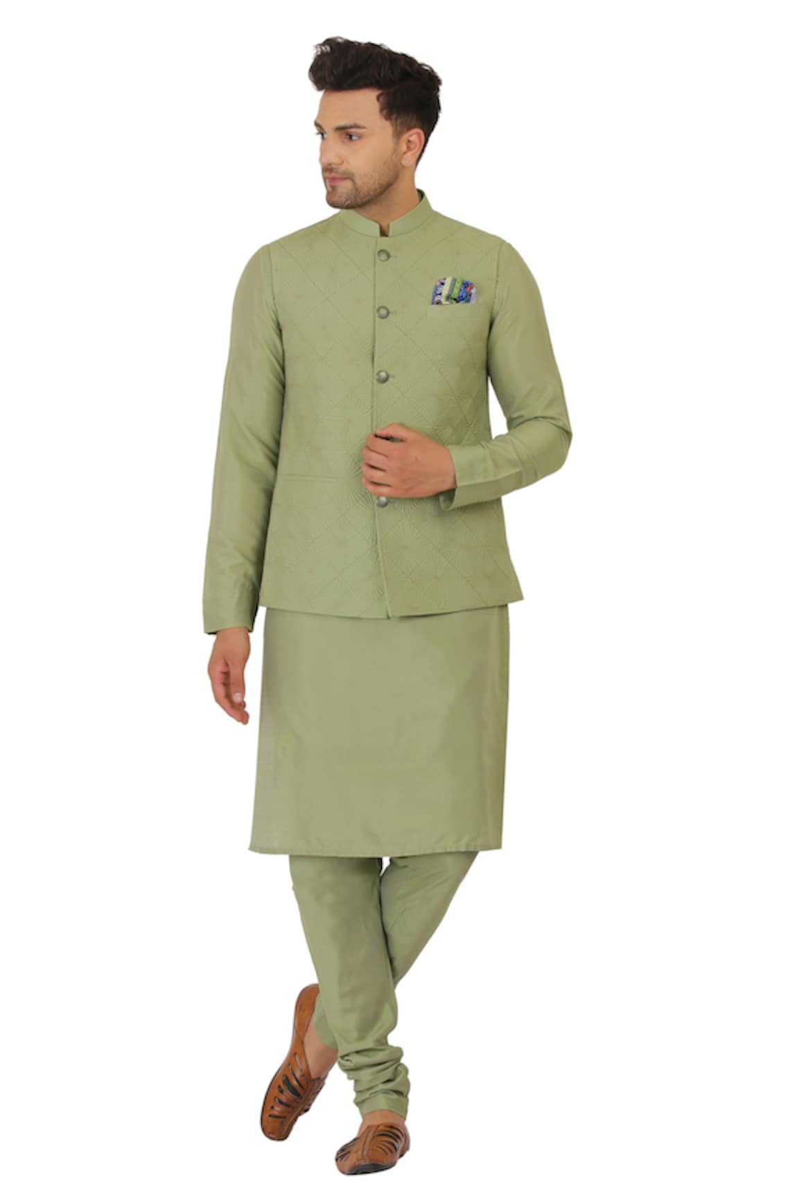 Manish Nagdeo Mandarin Collar Quilted Bundi Jacket Kurta Set