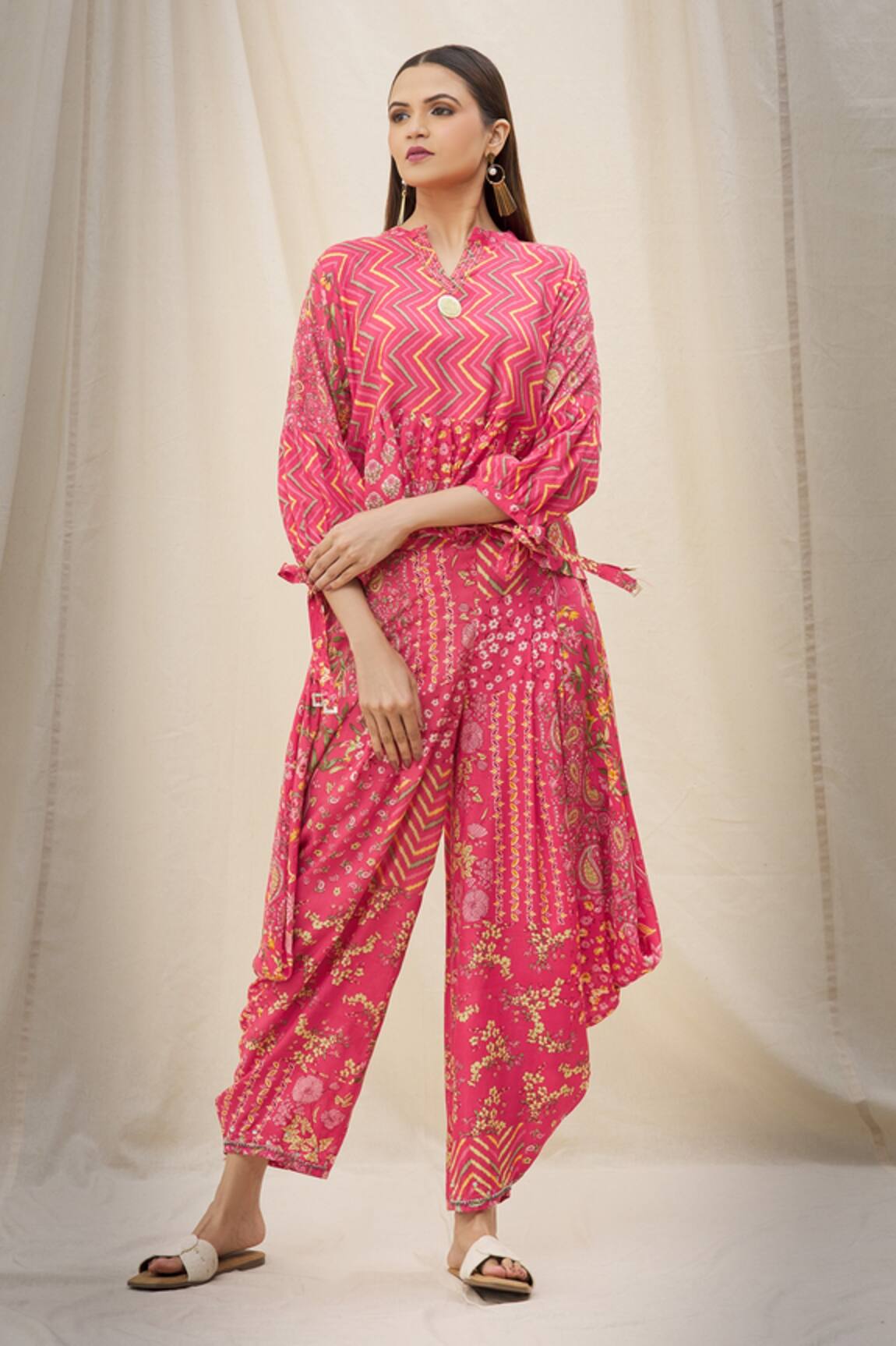 Khwaab by Sanjana Lakhani Chevron Print Crop Top & Draped Pant Set