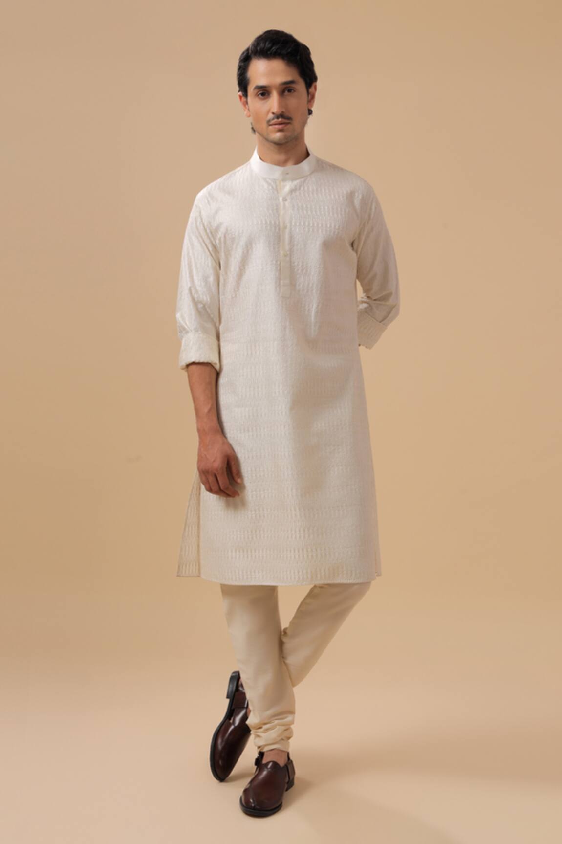 Raghavendra Rathore Blue Geometric Embroidered Raw Silk Kurta