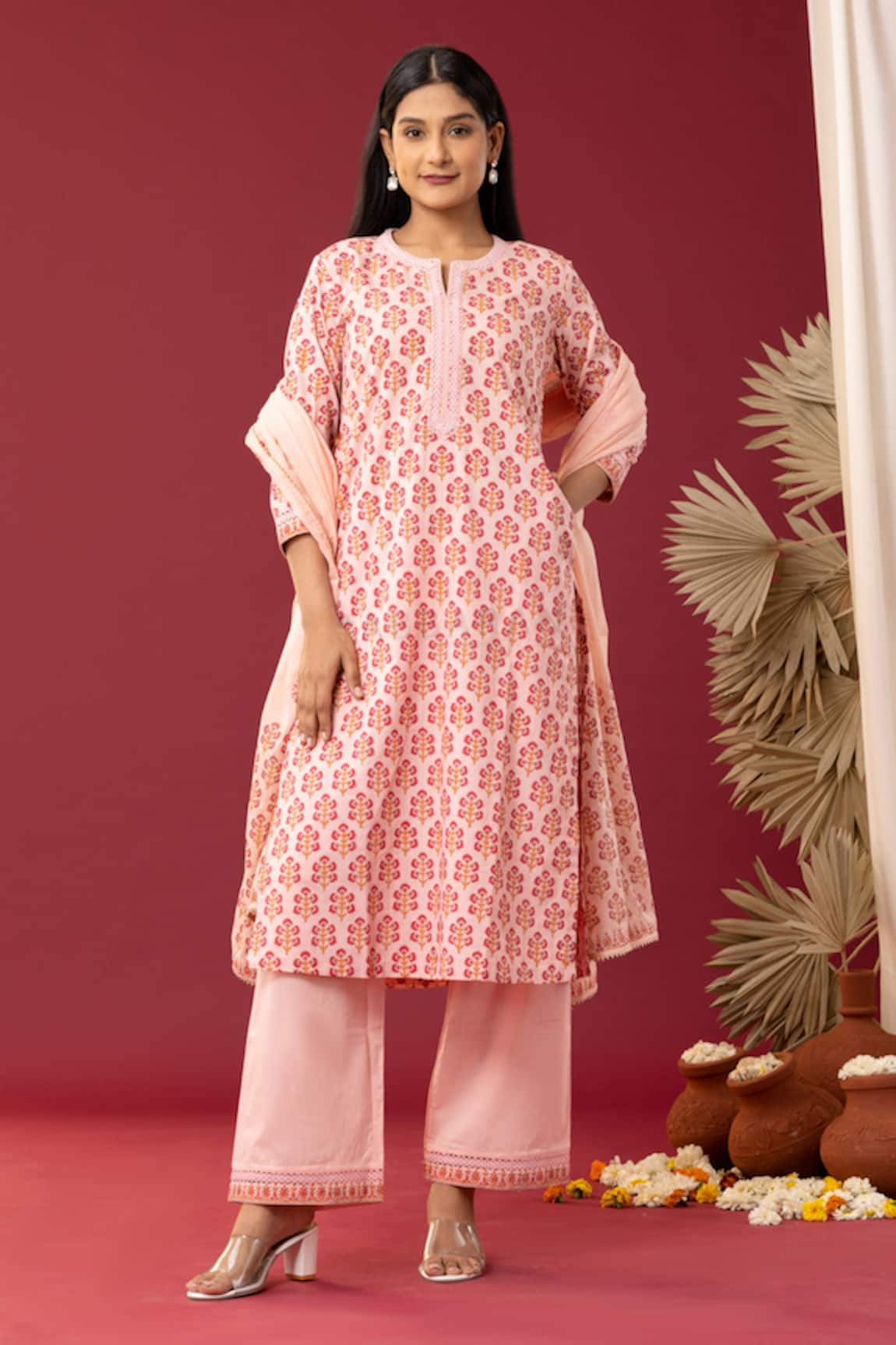 Abbaran Floral Block Print Kurta Palazzo Set