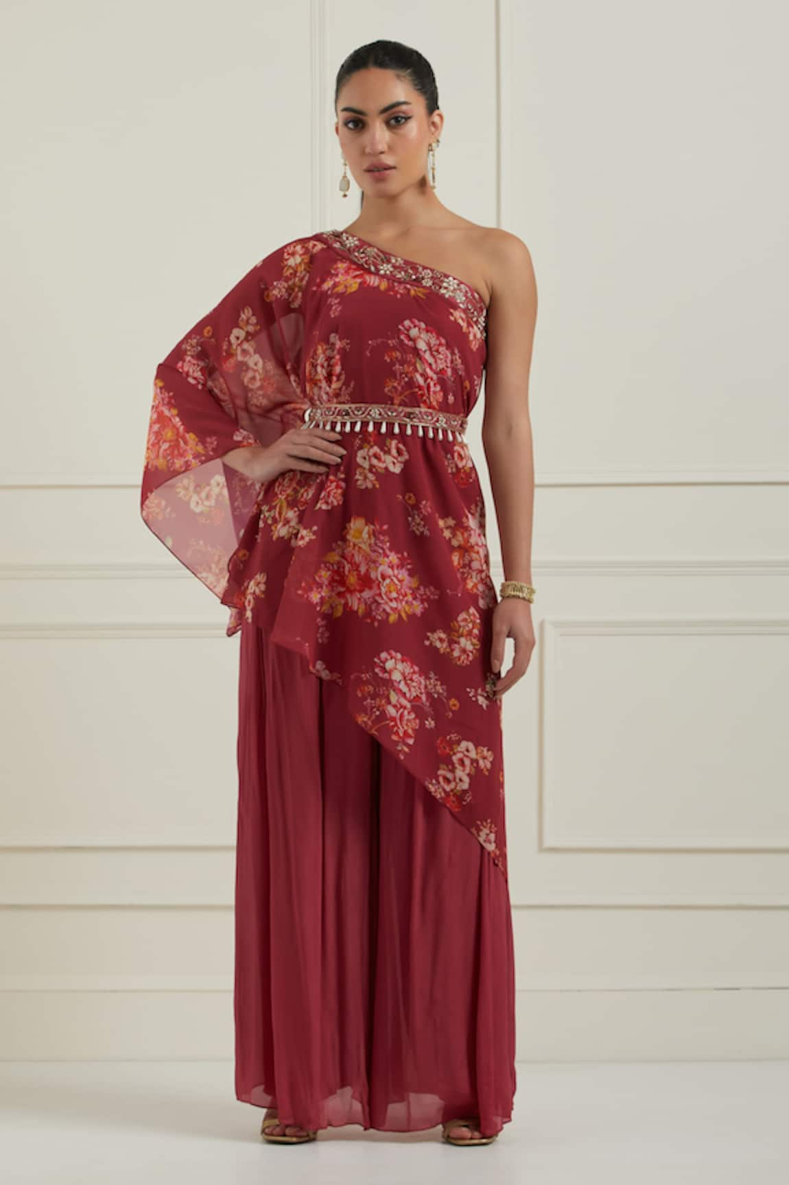 Label Nitisha One Shoulder Floral Print Tunic & Palazzo Set