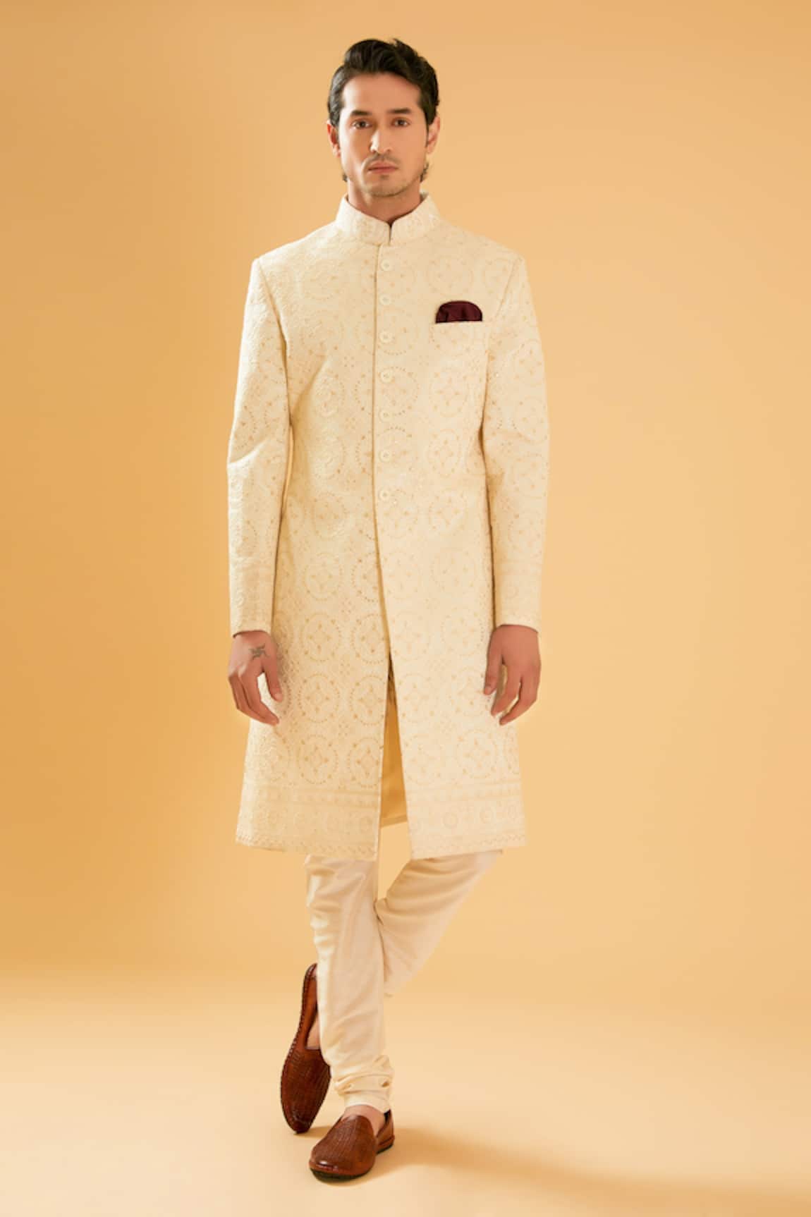 Raghavendra Rathore Blue Silk Geometric Embroidered Achkan