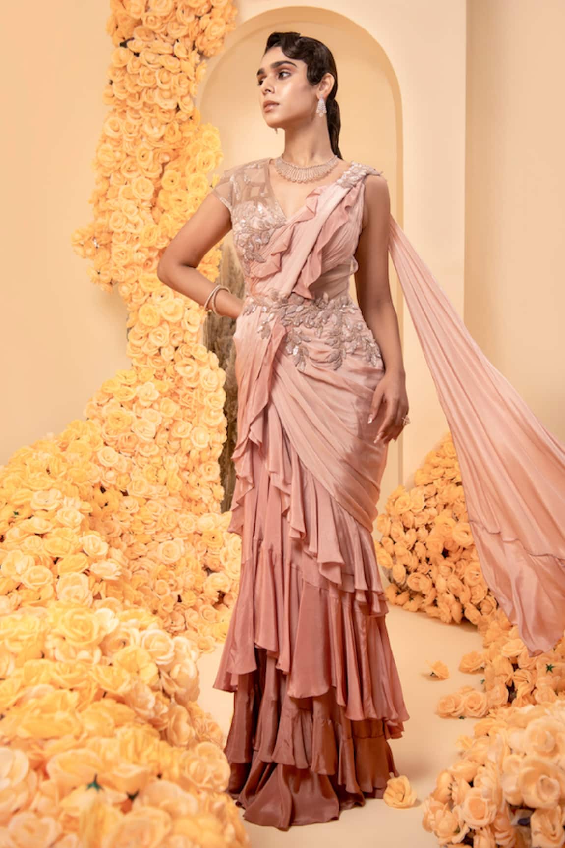 Adi By Aditya Khandelwl Asymmetric Ruffle Saree Gown