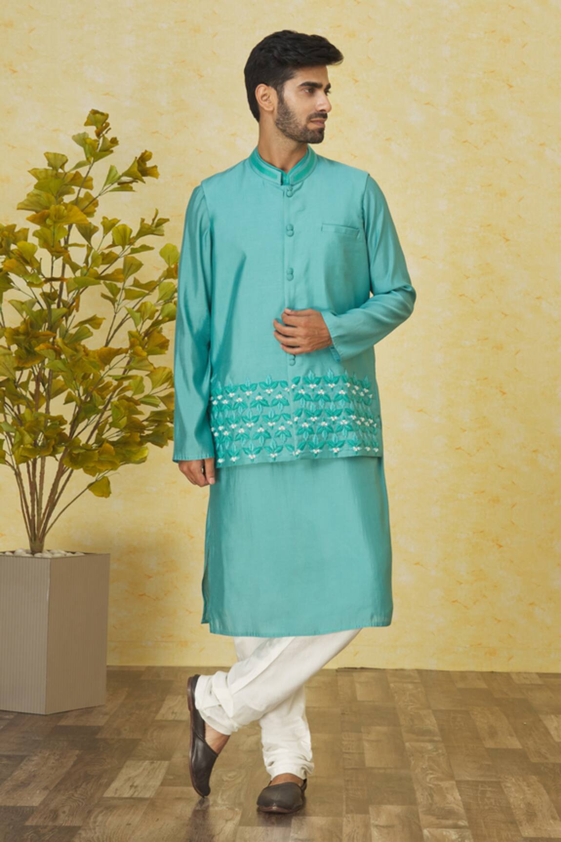 Priyanka Haralalka Embroidered Aqua Blue Bundi Kurta Set