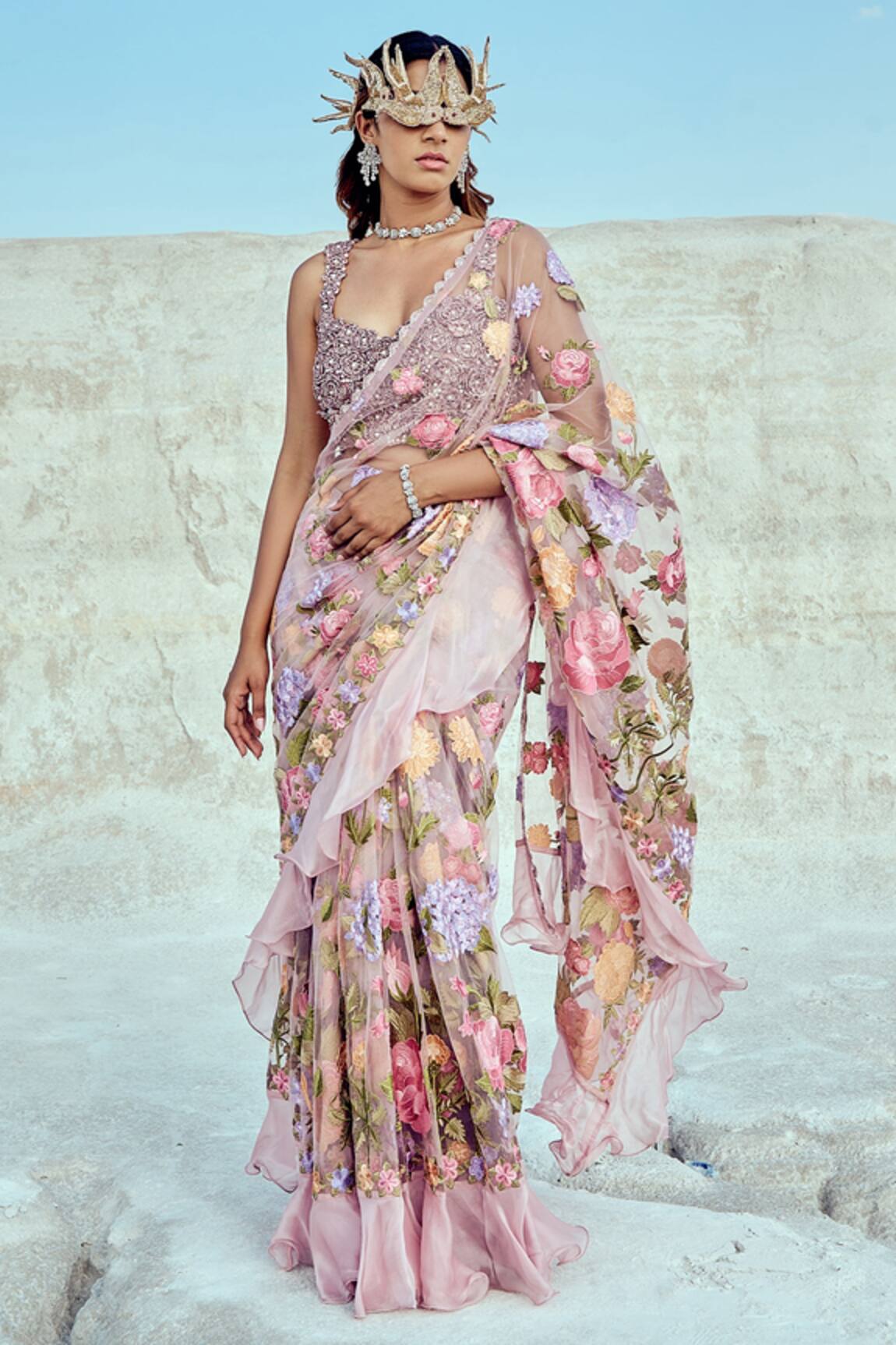 Nikita Vishakha Pre-Draped Saree With Embroidered Blouse